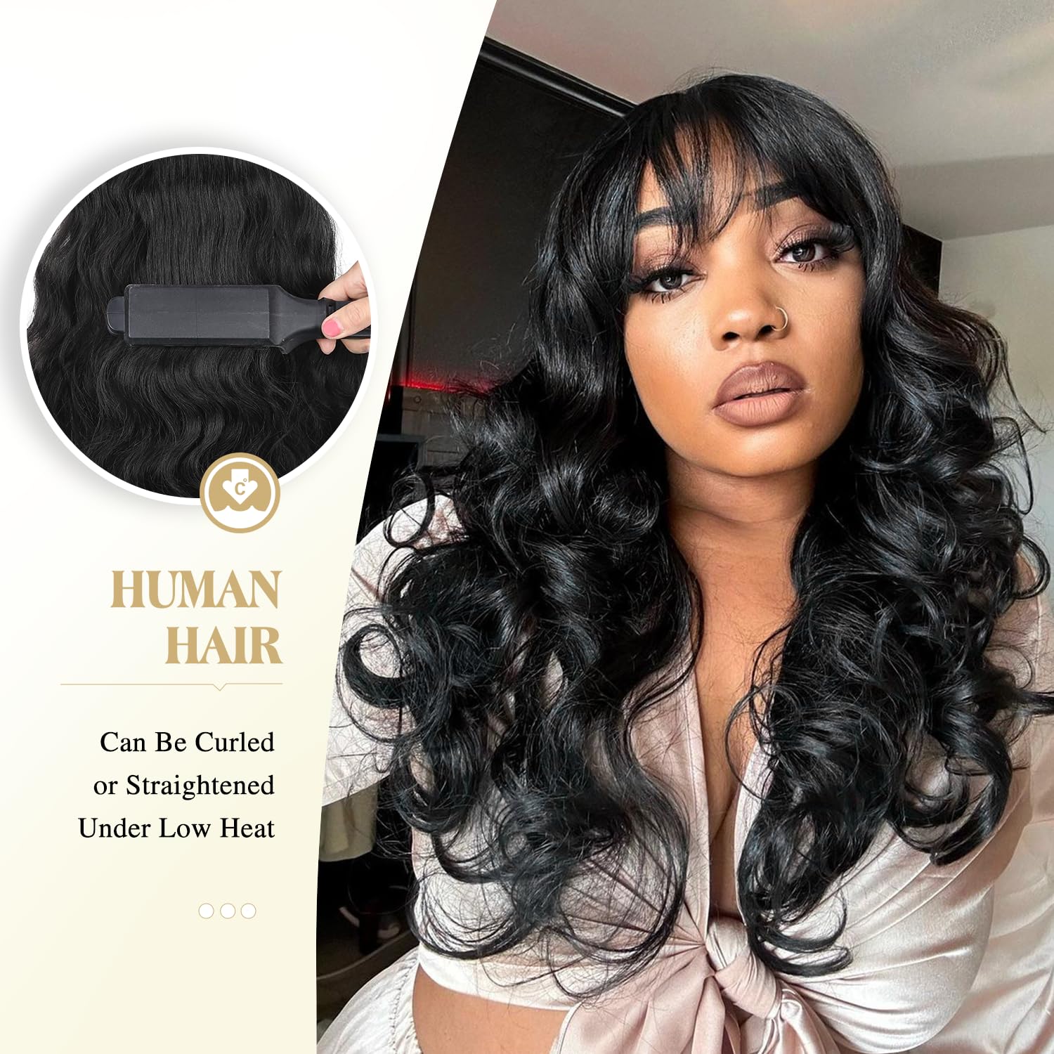 WIGER 20 Inch Natural Wave Human Hair Wig with Bangs - Brazilian Virgin Hair, Glueless Lace Front Wig for Black Women - Realistic Hairline, Loose Wavy Curly Style (Lace Scalp) - Perfect for Daily Wear, Cosplay & Special Occasions