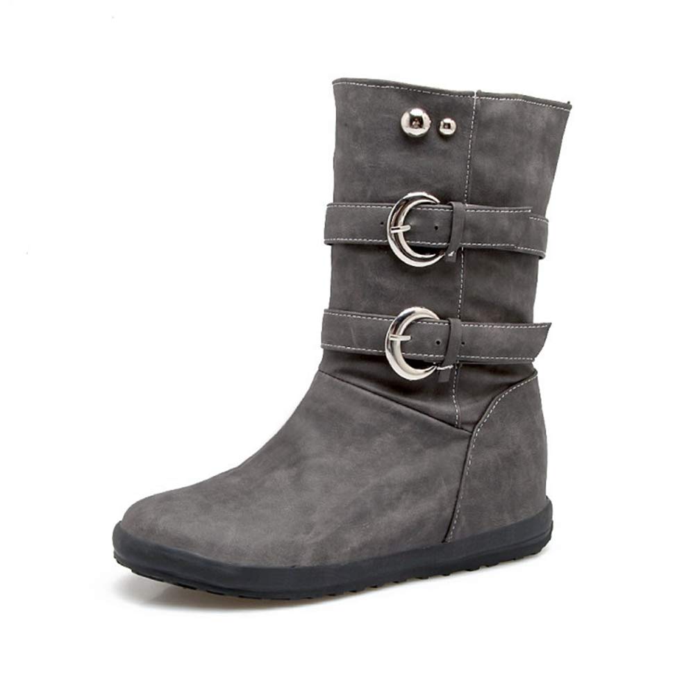 Women's Wide Calf Winter Boots - Slip On Low Heel Round Toe Buckle Strap Warm Mid Calf Boots for Snow, Cold Weather & Outdoor Activities