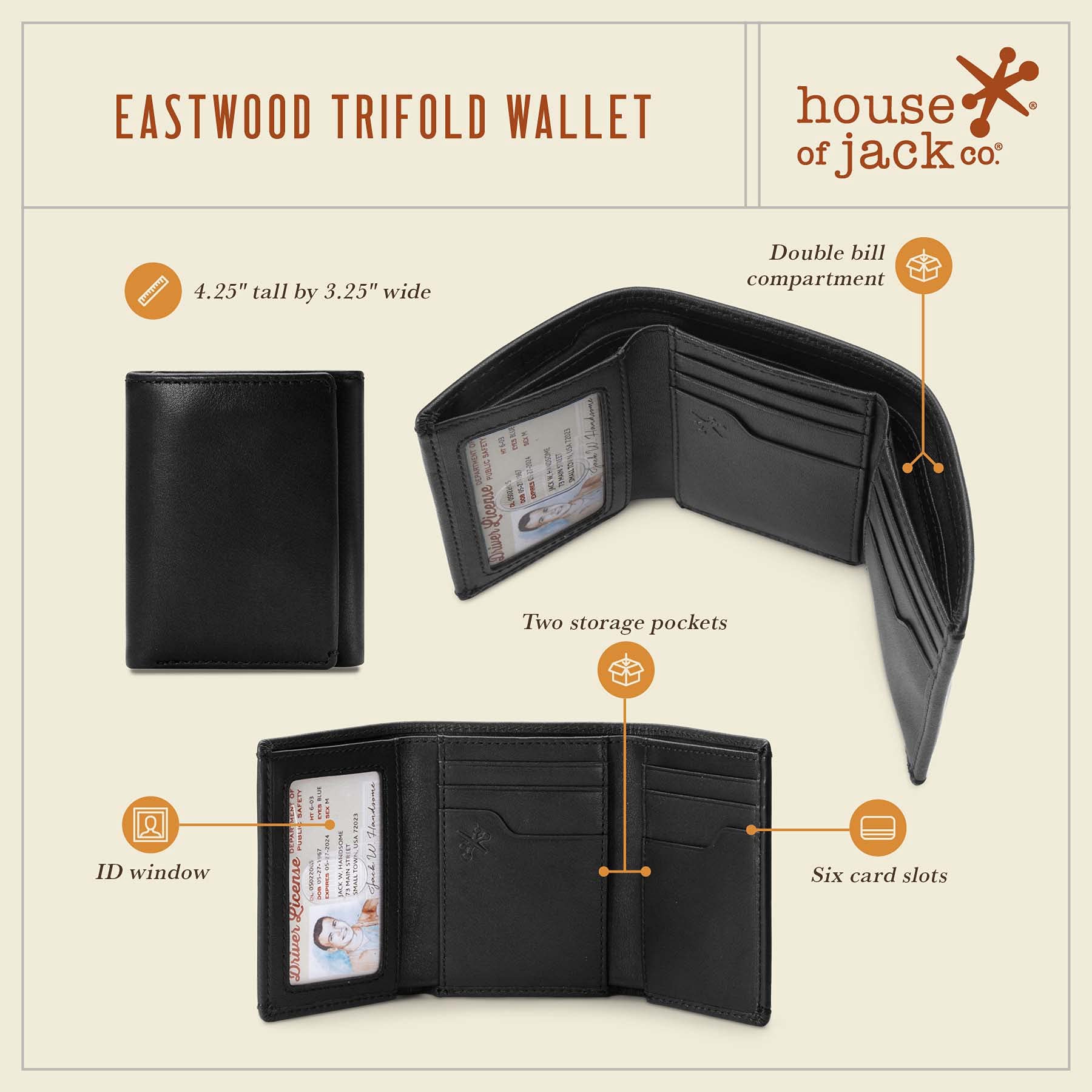 House of Jack Co. Eastwood RFID Blocking Trifold Wallet for Men - Premium Full Grain Cowhide Leather with Double Bill Compartment (Black) - Perfect for Everyday Carry, Travel & Business Use