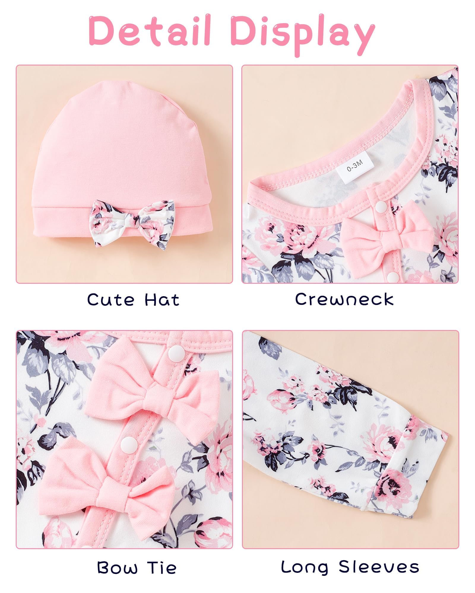 Mioglrie Newborn Baby Girl Clothes - Soft Long Sleeve Romper Jumpsuit with Floral Hat | Fall & Winter Outfits for Infant & Preemie Girls | Perfect for Family Photos, Holiday Gifts & Daily Wear