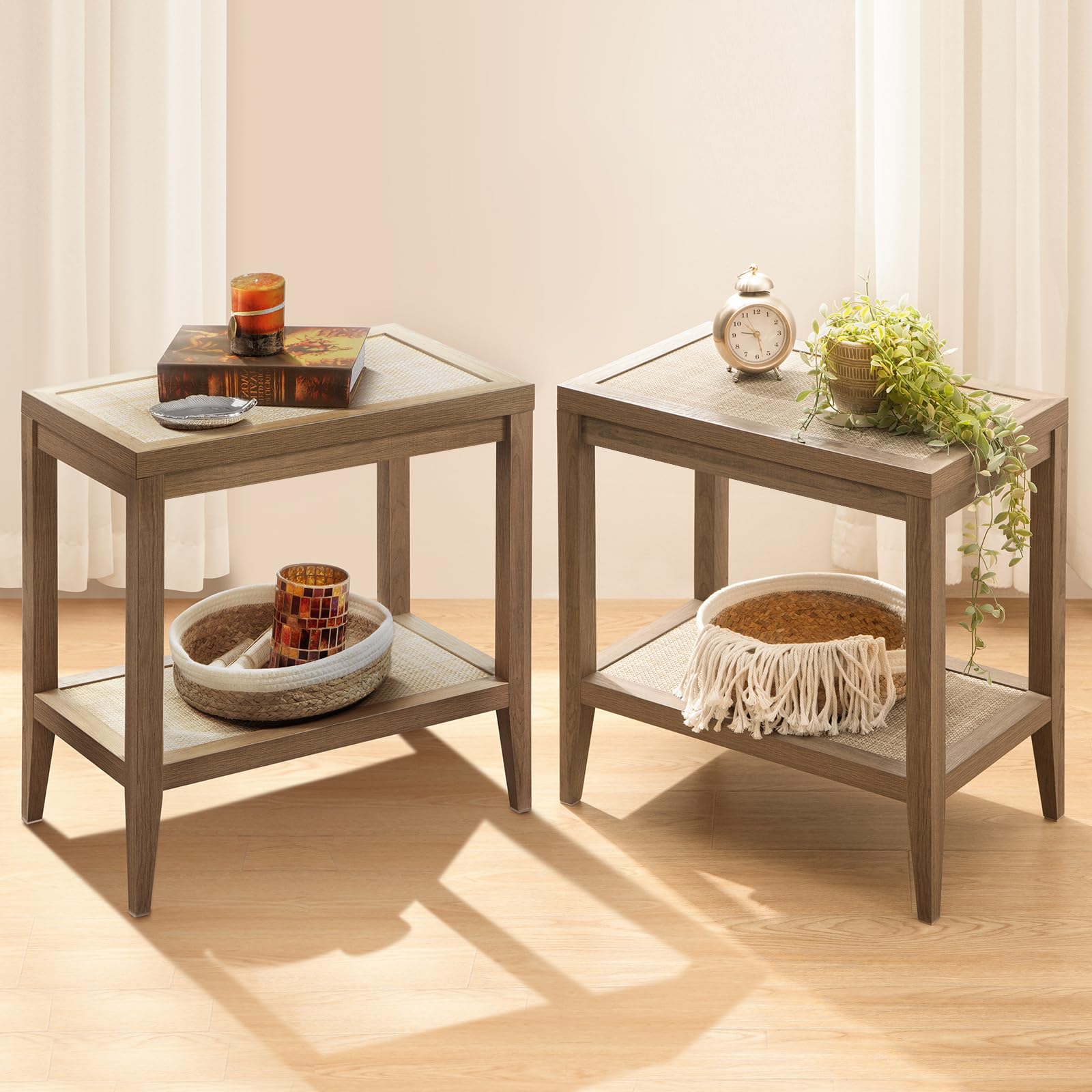 SICOTAS Rattan Nightstands Set of 2 - Boho Narrow Bedside Tables with Storage Shelves for Small Spaces | Perfect for Bedroom, Living Room & Dorm Decor
