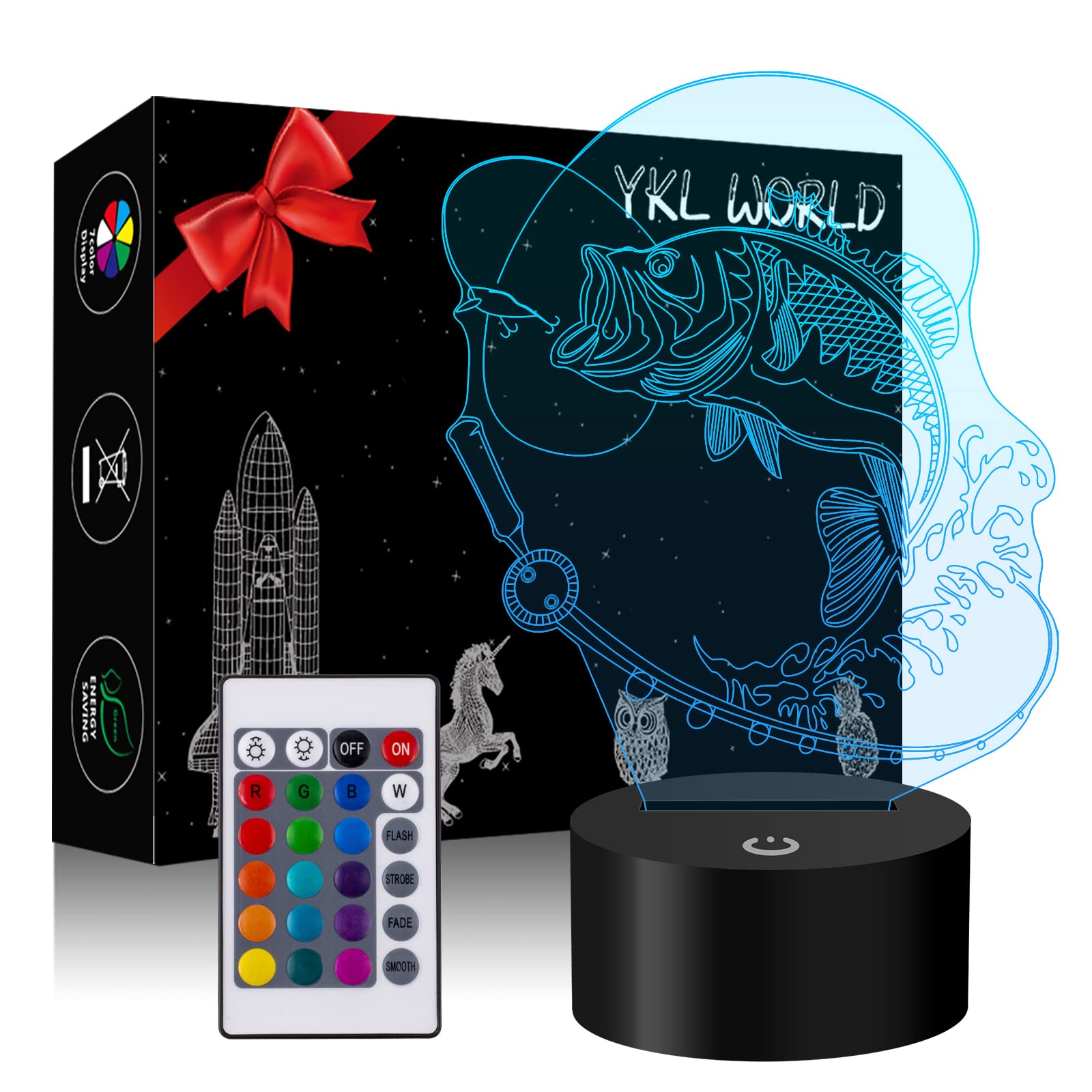 3D Fishing Illusion LED Night Light - 16 Color Changing Touch Desk Lamp with USB/Battery Power - Perfect for Bedroom, Kids Room, Christmas & Birthday Gifts - Ideal for Fishing Lovers, Boys Night Light & Home Decor