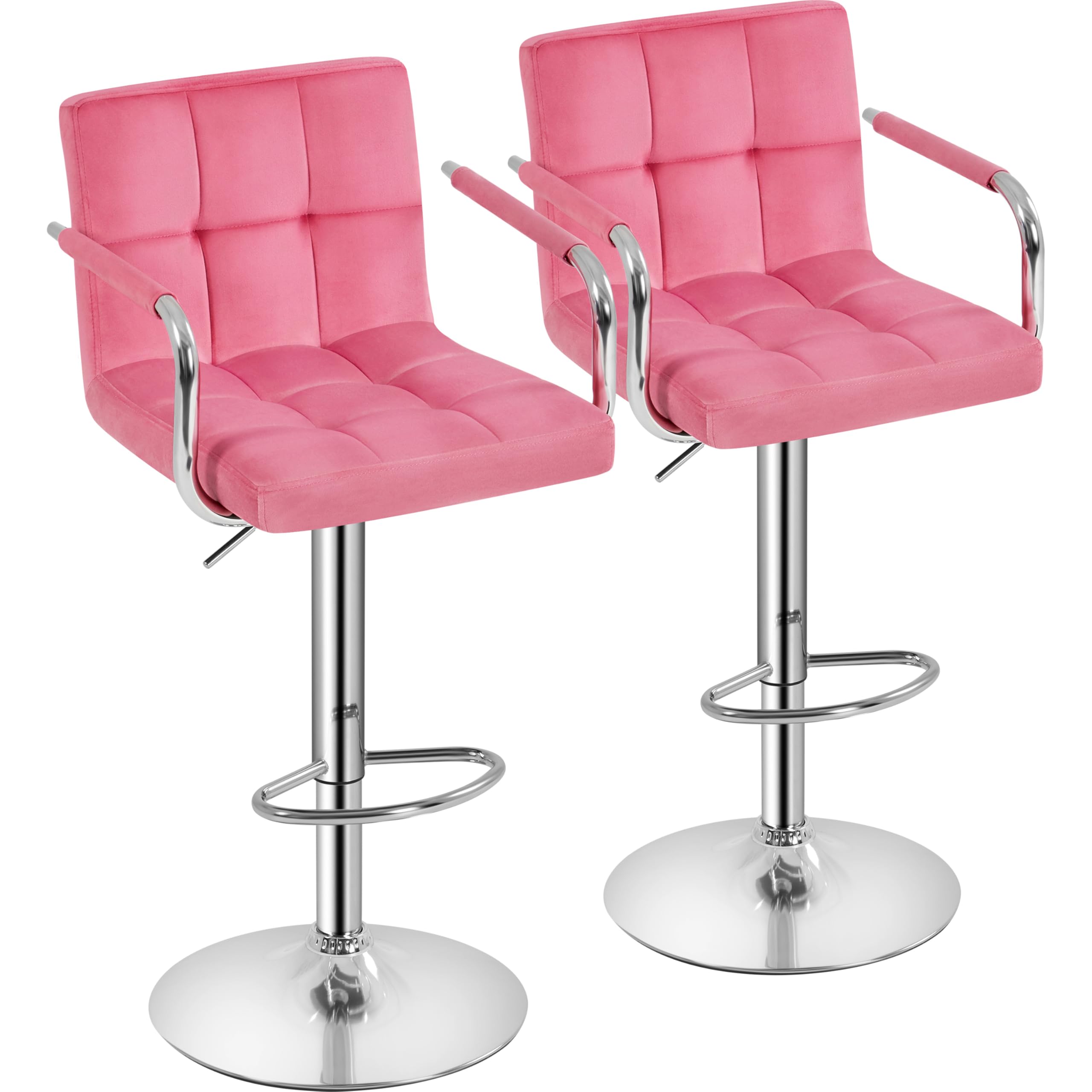 Yaheetech 2-Pack Velvet Swivel Bar Stools with Adjustable Height & Armrests - Pink Counter Stools for Kitchen Island, Breakfast Bar & Home Decor