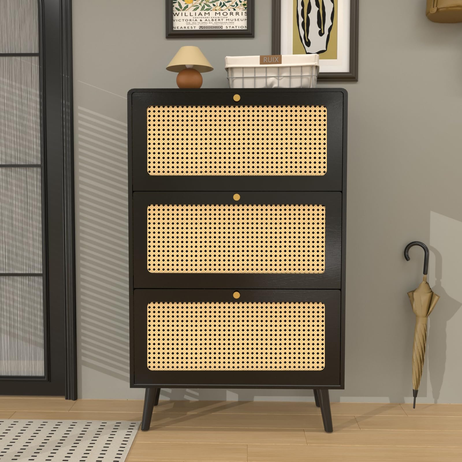 Narrow Shoe Cabinet for Entryway - Natural Rattan Shoe Storage Organizer with 3 Flip Drawers & 2 Tier Adjustable Shelves, Holds 24 Pairs - Hidden Wooden Shoe Rack for Home, Door, Hallway (Black) | Perfect for Small Spaces, Apartments & Closet Organization