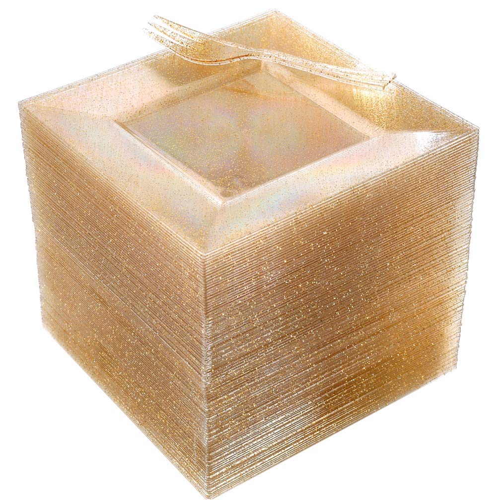 DaYammi 100-Pack Gold Glitter Disposable Square Dessert Plates 6