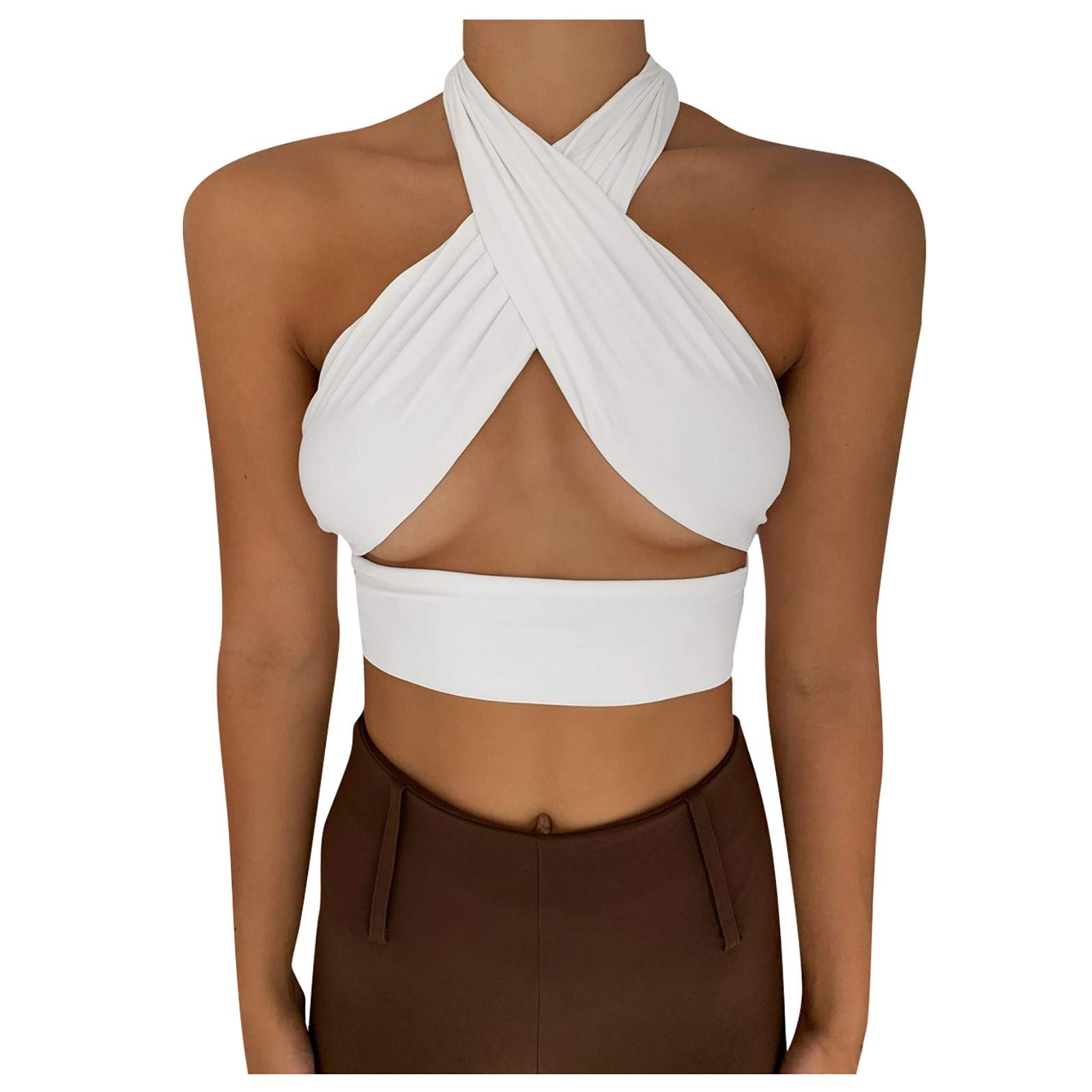 Women's Crisscross Cut Out Vest Halter Wrap Crop Top - Solid Cami Tank Tops for Summer, Beach, and Casual Outfits | Trendy Fashion for Women