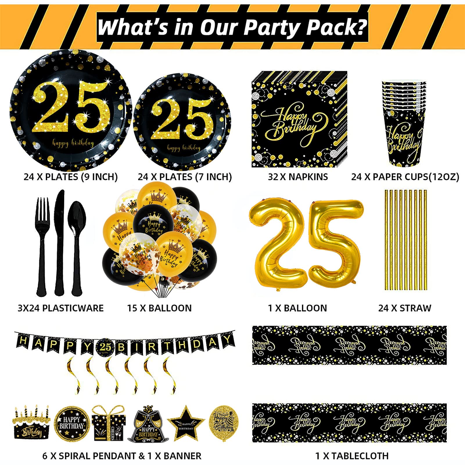 25th Birthday Party Supplies - Black & Gold Disposable Dinnerware Set for 24 Guests | Includes Plates, Cups, Cutlery, Tablecloth & Balloons | Perfect for Anniversary Celebrations, Milestone Parties & Elegant Gatherings