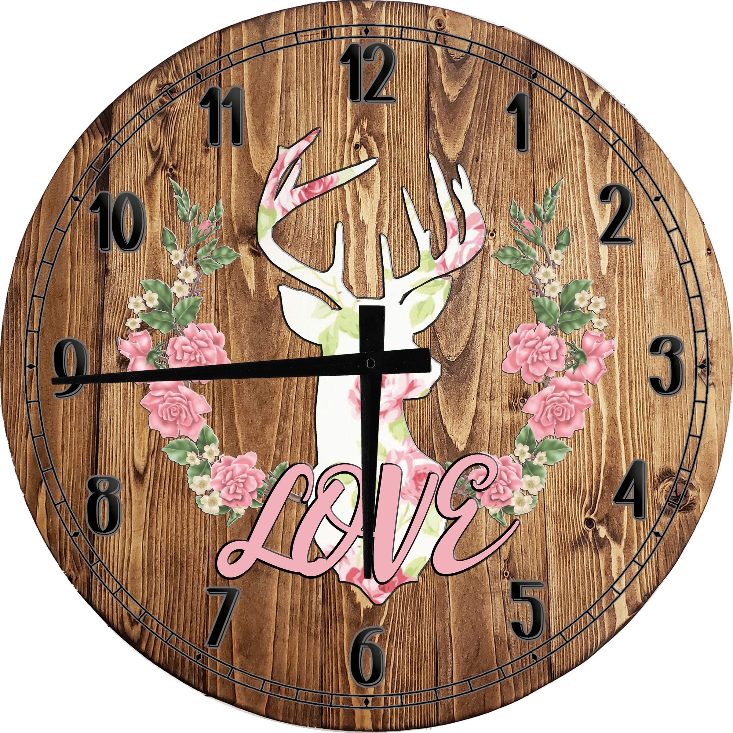 Boho Wall Art Decor - Large 24 Inch Round Wall Clock with Love Deer Flower Reef Design, Battery Operated - Perfect for Living Room, Bedroom & Boho Home Decor