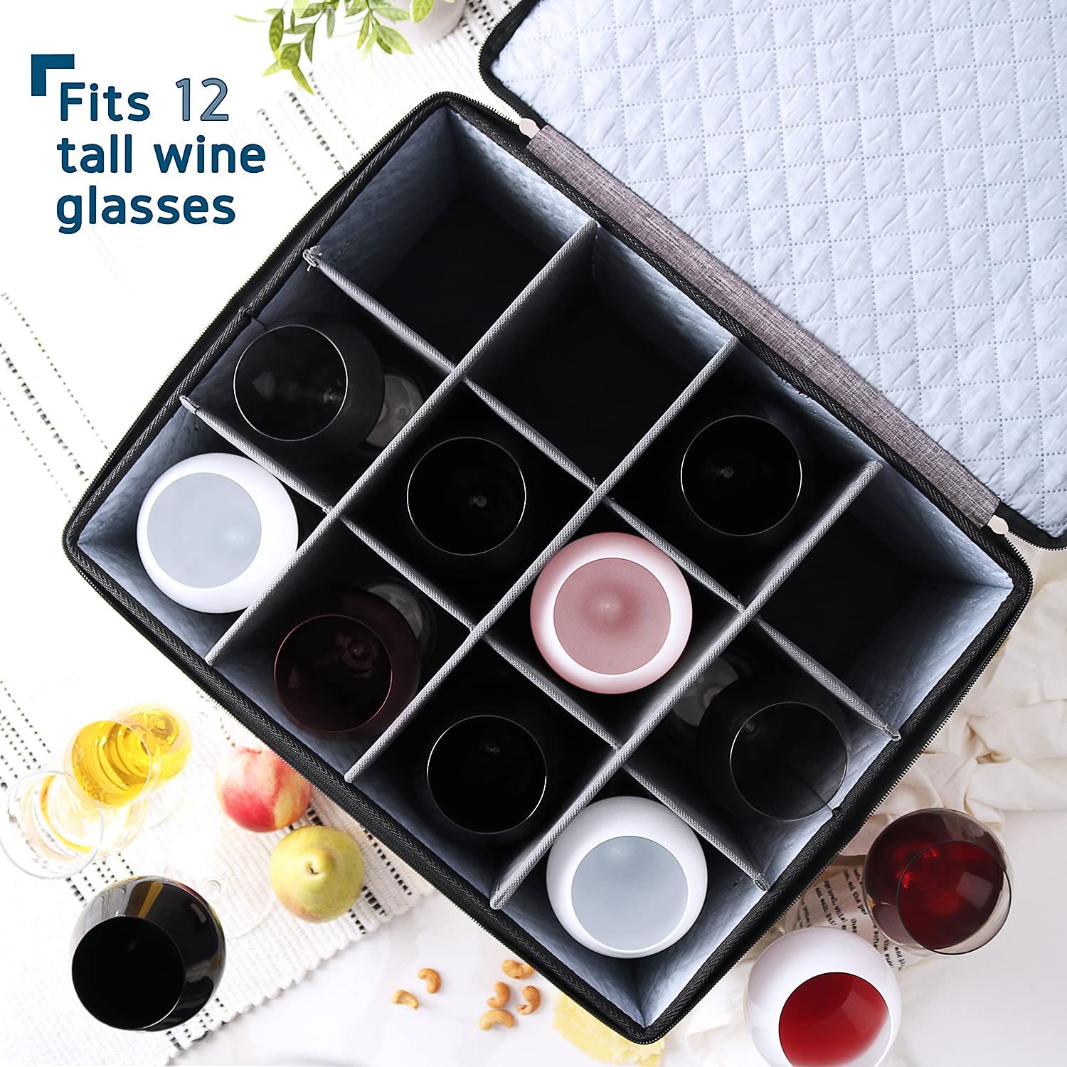 Premium 12-Piece Wine Glass Storage Box with Dividers - Quilted & Stackable Stemware Organizer for Moving, Seasonal Storage | Hard Shell China Storage Containers for Safe Transport & Home Bar Organization
