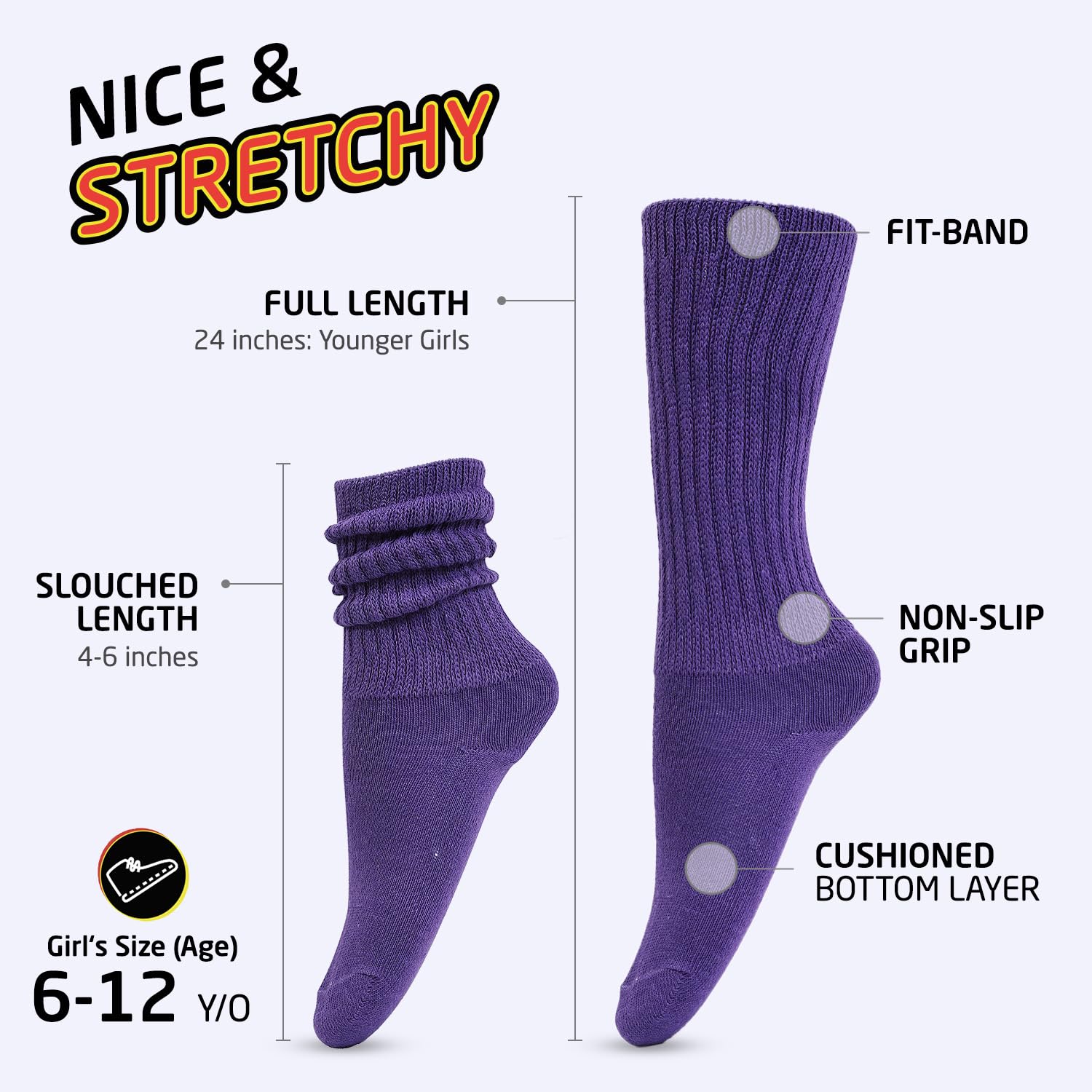 Girls Slouch Socks 6-Pack - Tall Stacked Slouchy Socks for Kids | Warm Cotton Blend Long Calf Socks | Perfect for School, Winter Outfits & Casual Wear