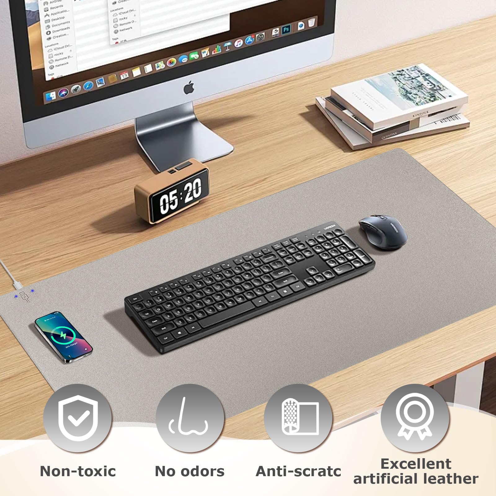 Firelison 2-in-1 Wireless Charging Mouse Pad - Leather Desk Mat with Non-Slip Rubber Base, Waterproof Office Desk Pad for Computer, Work & Home Decor (32
