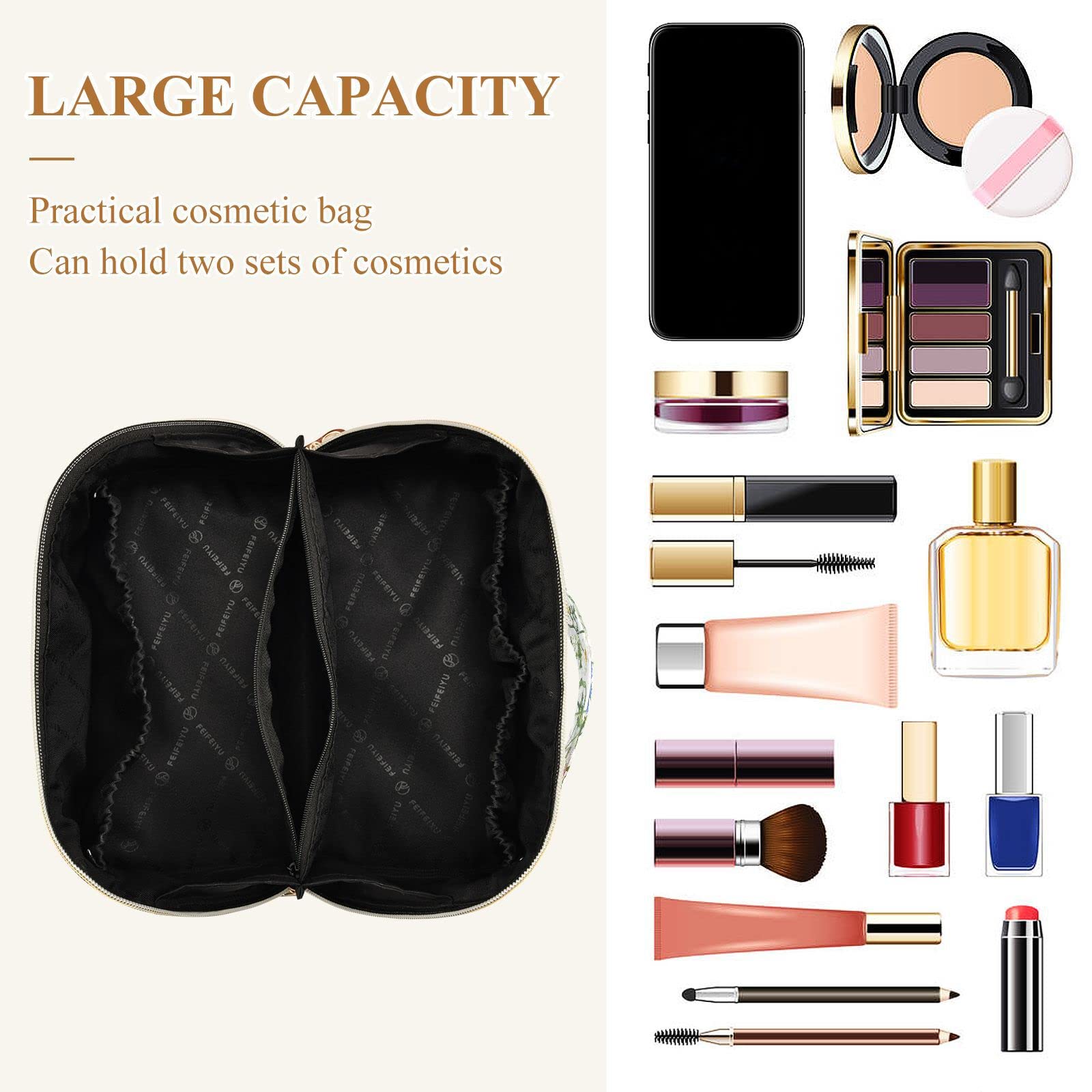 Rhombus Cosmetic Bag - Large Capacity Travel Makeup Organizer with Handle for Women | Floral Butterfly Dragonfly Design | Portable Toiletry Storage for Travel, Gym & Daily Use