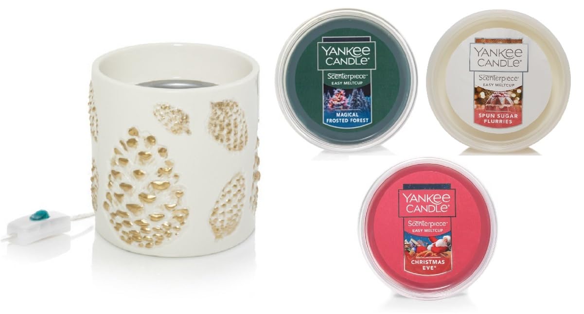 Yankee Candle Holiday Pinecone Scenterpiece Gift Set with Timer - Frosted Forest, Spun Sugar Flurries & Christmas Eve Meltcups - Perfect for Christmas Decor, Home Fragrance & Holiday Gifts