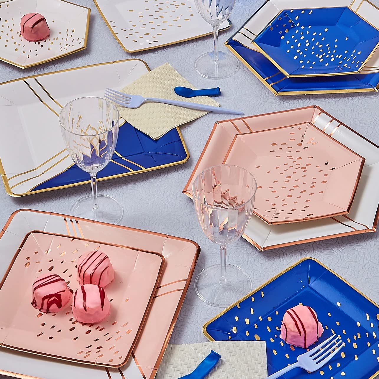 Hexagon Design Heavy Duty Disposable Paper Plates (18 Pack) - 7 Inch Silver Spoons Party Plates for Birthday, Baby Shower, Wedding & Events - Elegant Blue Dessert Plates for Indoor/Outdoor Gatherings