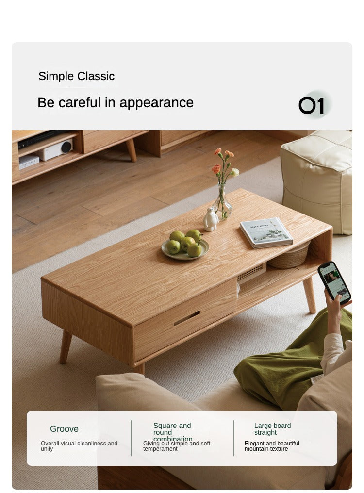 Premium OAK Solid Wood Modern Coffee Table - American Style Living Room Furniture for Home Decor & Relaxation