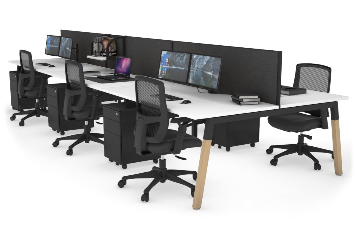 Quadro A Legs 6-Person Office Workstation with Wood Legs & Cross Beam - 1400L x 800W with Cable Management Scallop | Perfect for Collaborative Workspaces, Open Offices & Coworking Environments