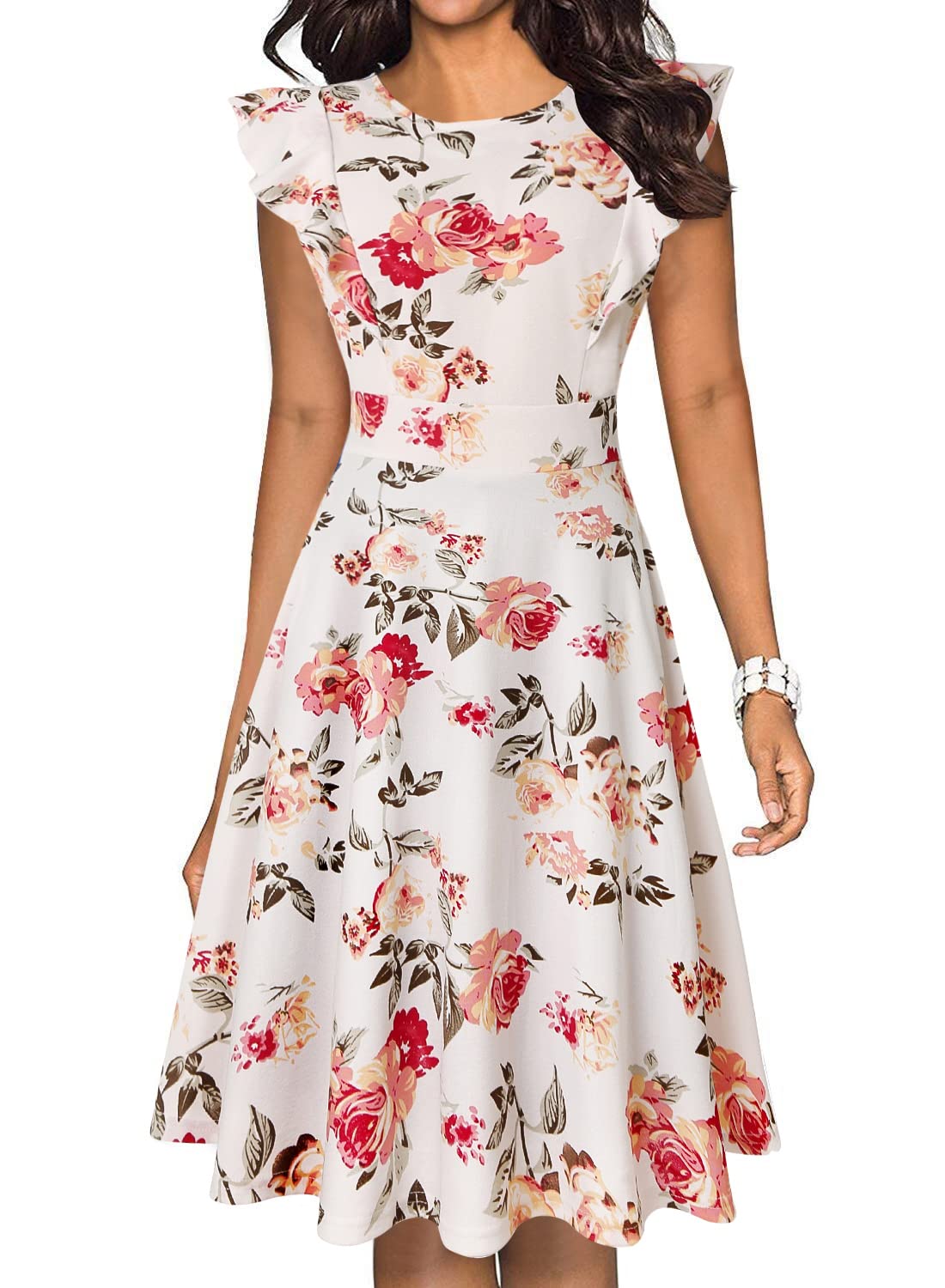 Vintage Floral Ruffle A-Line Swing Dress for Women - Elegant Cocktail Party Dress with Pockets | Perfect for Weddings, Date Nights & Special Occasions