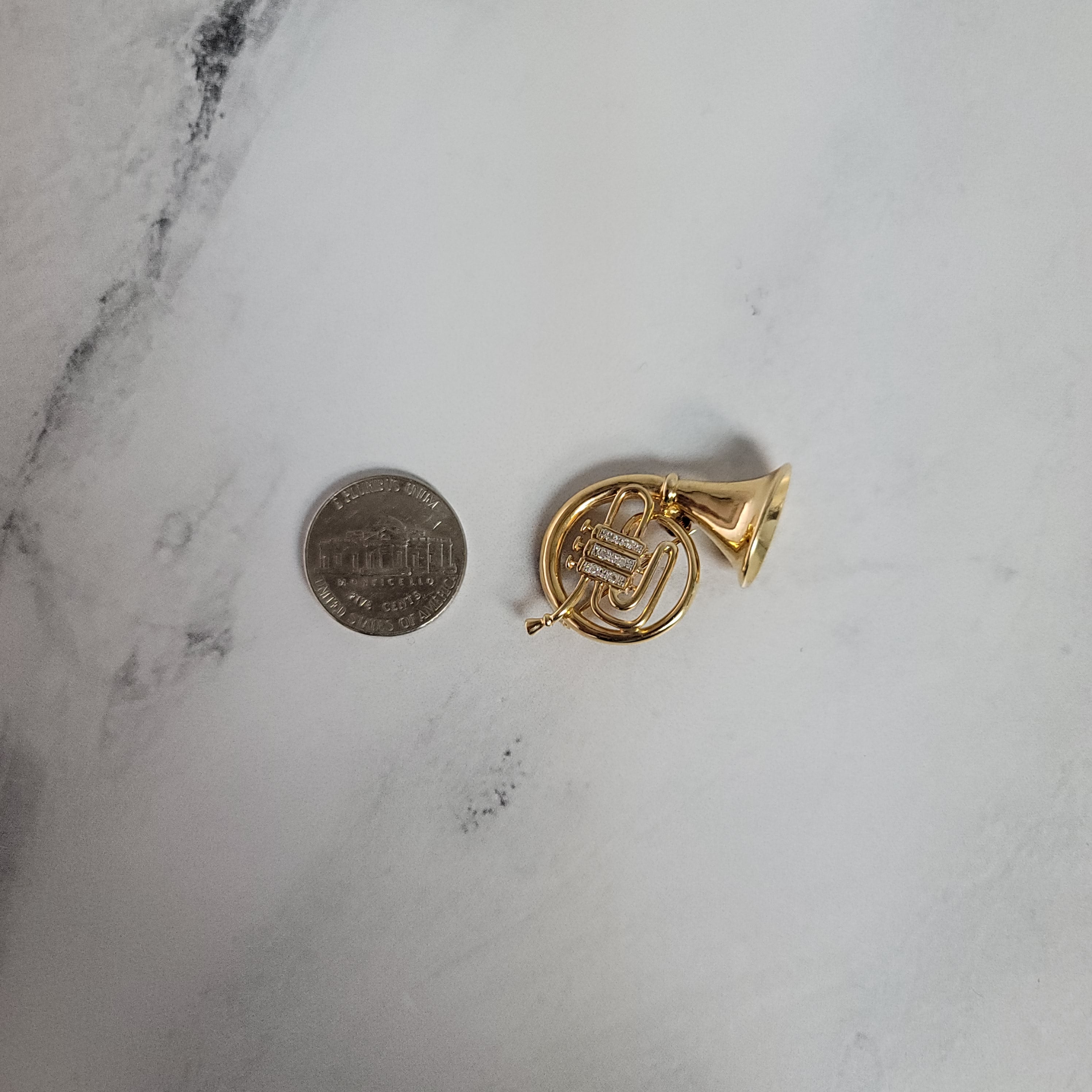 14K Yellow Gold Diamond French Horn Brooch .10cttw - Elegant Jewelry Gift for Musicians, Band Members & Music Lovers - Perfect for Concerts, Performances & Special Occasions