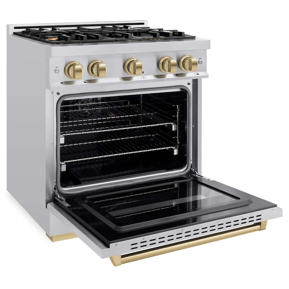 ZLINE Autograph Edition 30-inch 4.2 cu. ft. Stainless Steel Dual Fuel Range - 4 Burner Gas Cooktop & Electric Convection Oven with Champagne Bronze Accents (CDRZ 30 CB) - Perfect for Modern Kitchens & Professional Cooking