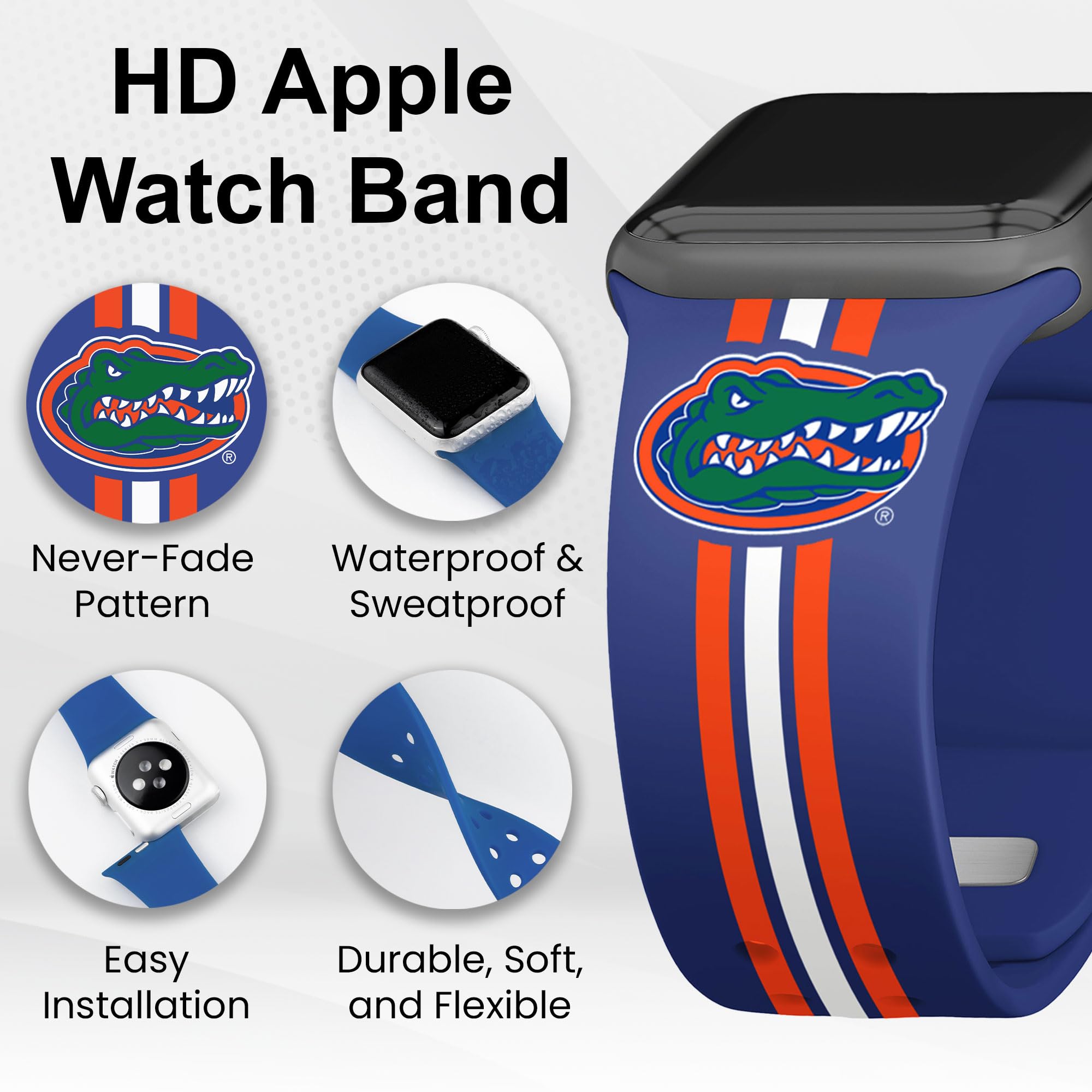 Florida Gators HD Watch Band Compatible with Apple Watch Series 1-9 - Durable Silicone Sports Strap for Workouts & Daily Use - Official NCAA Team Design for Gators Fans