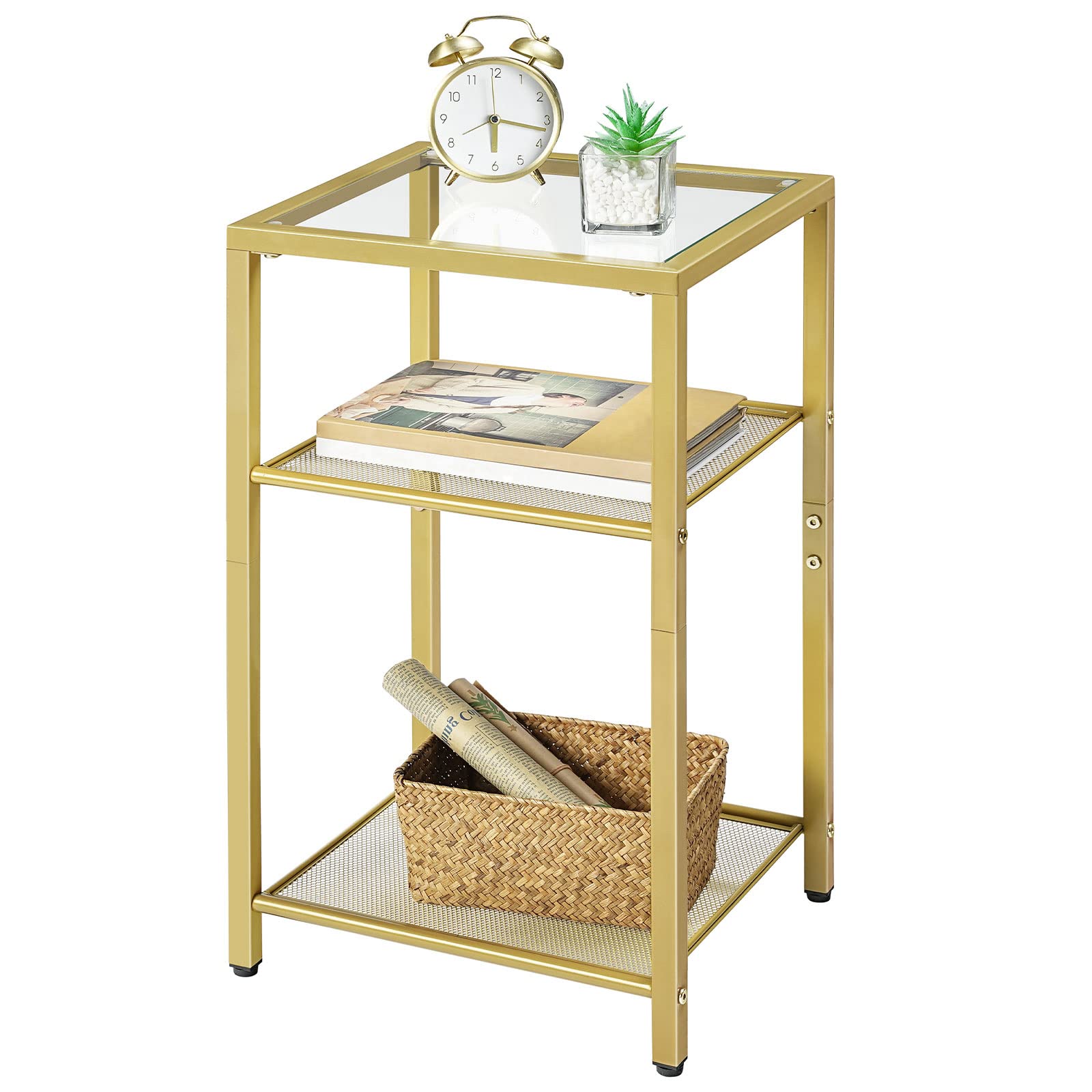 HOOBRO 2-Piece 3-Tier Slim Nightstand Set with Storage Shelves - Modern End Tables & Bedside Tables with Tempered Glass - Gold Finish for Living Room & Bedroom - Perfect for Small Spaces & Apartment Decor GD77BZP201