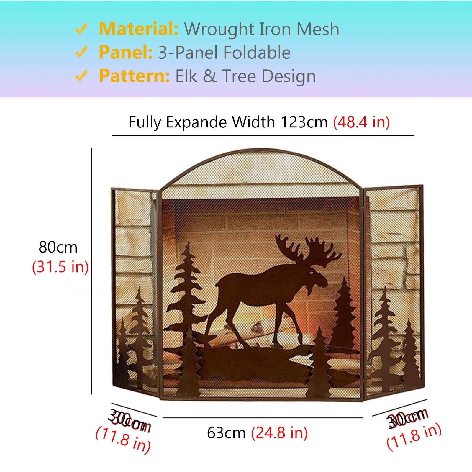 INKCOR 3-Panel Fireplace Screen with Elk & Tree Design - Antique Aged Finish for Wood Burner & Campfires - Rustic Fireplace Guard for Indoor & Outdoor Use