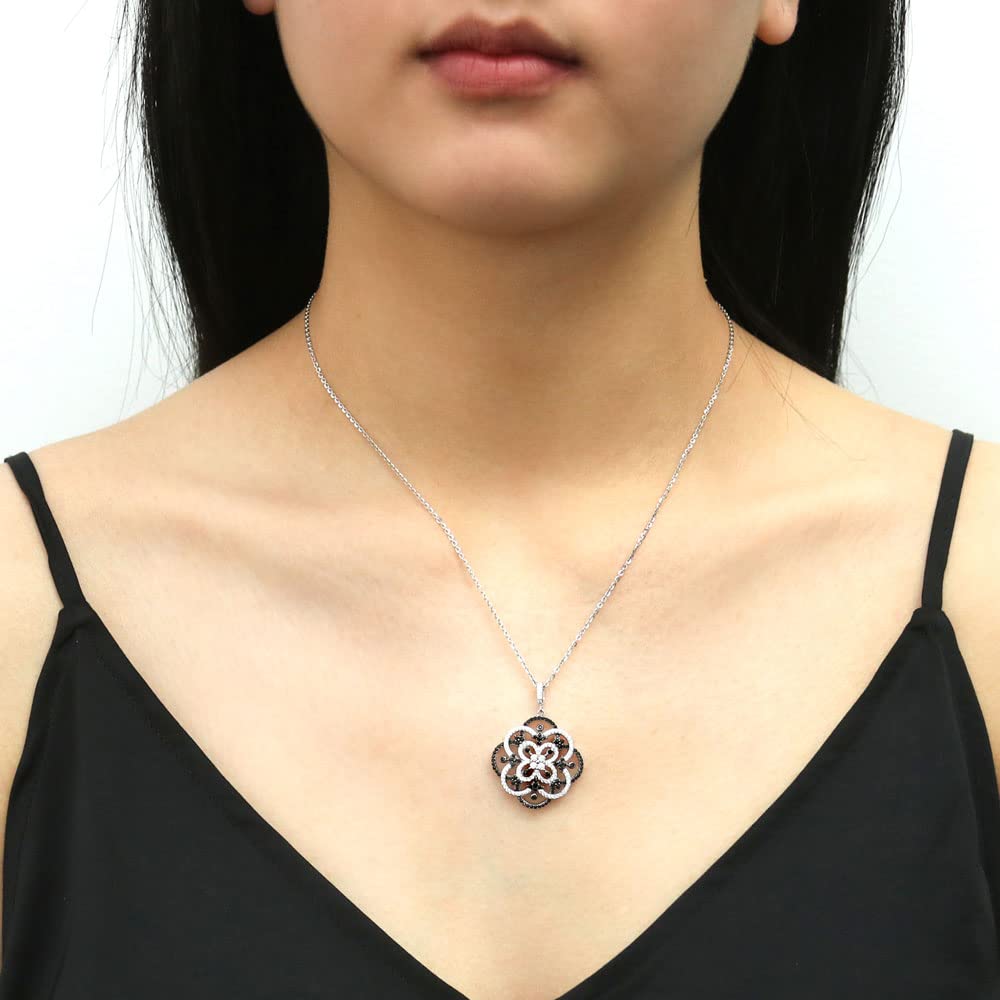 BERRICLE Sterling Silver Flower Cubic Zirconia CZ Black and White Fashion Necklace & Earrings Set for Women - Rhodium Plated Jewelry Gift for Birthday, Anniversary, Wedding & Special Occasions