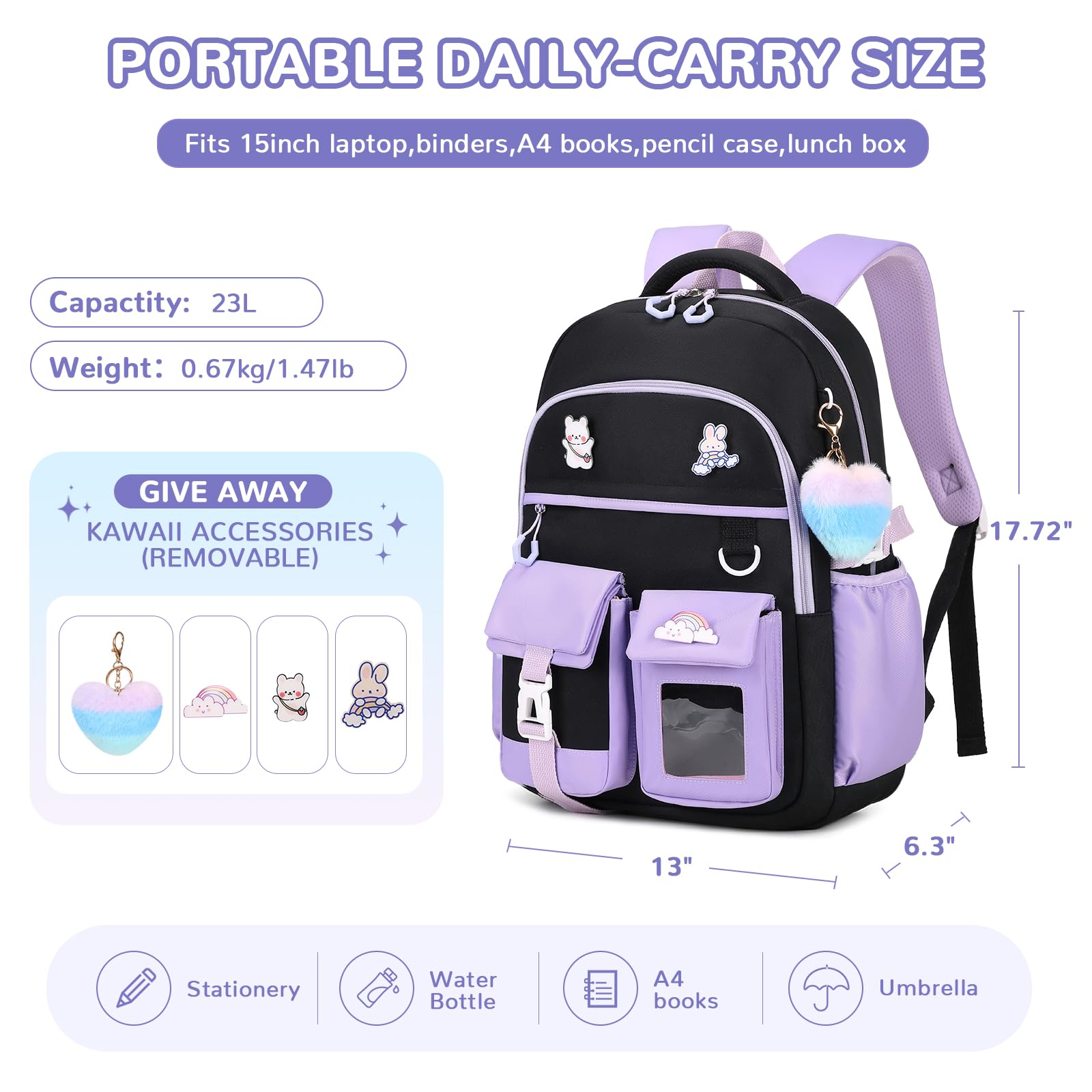 Cute Girls Backpack for School - Water Resistant Kids Bookbag with Multiple Pockets for Elementary Students Ages 6-14, Black & Purple - Perfect for Daily School Use, Travel & Outdoor Activities