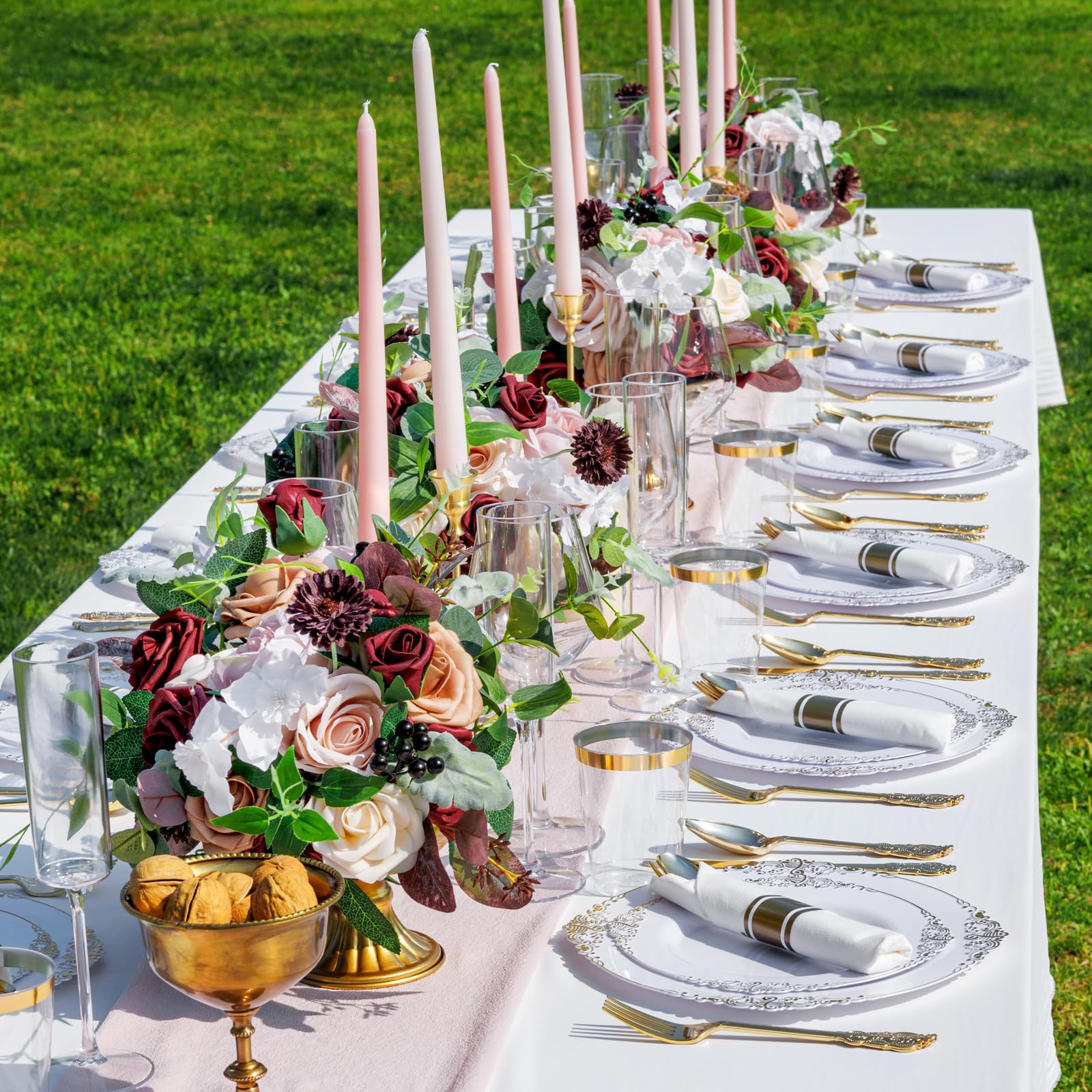 Premium 350-Piece Gold Disposable Dinnerware Set - 100 Elegant Plates, 150 Plastic Silverware, 50 Cups & 50 Napkins - Perfect for Weddings, Parties & Large Gatherings (50 Guests) - Ideal for Outdoor Events, Catering & Special Occasions