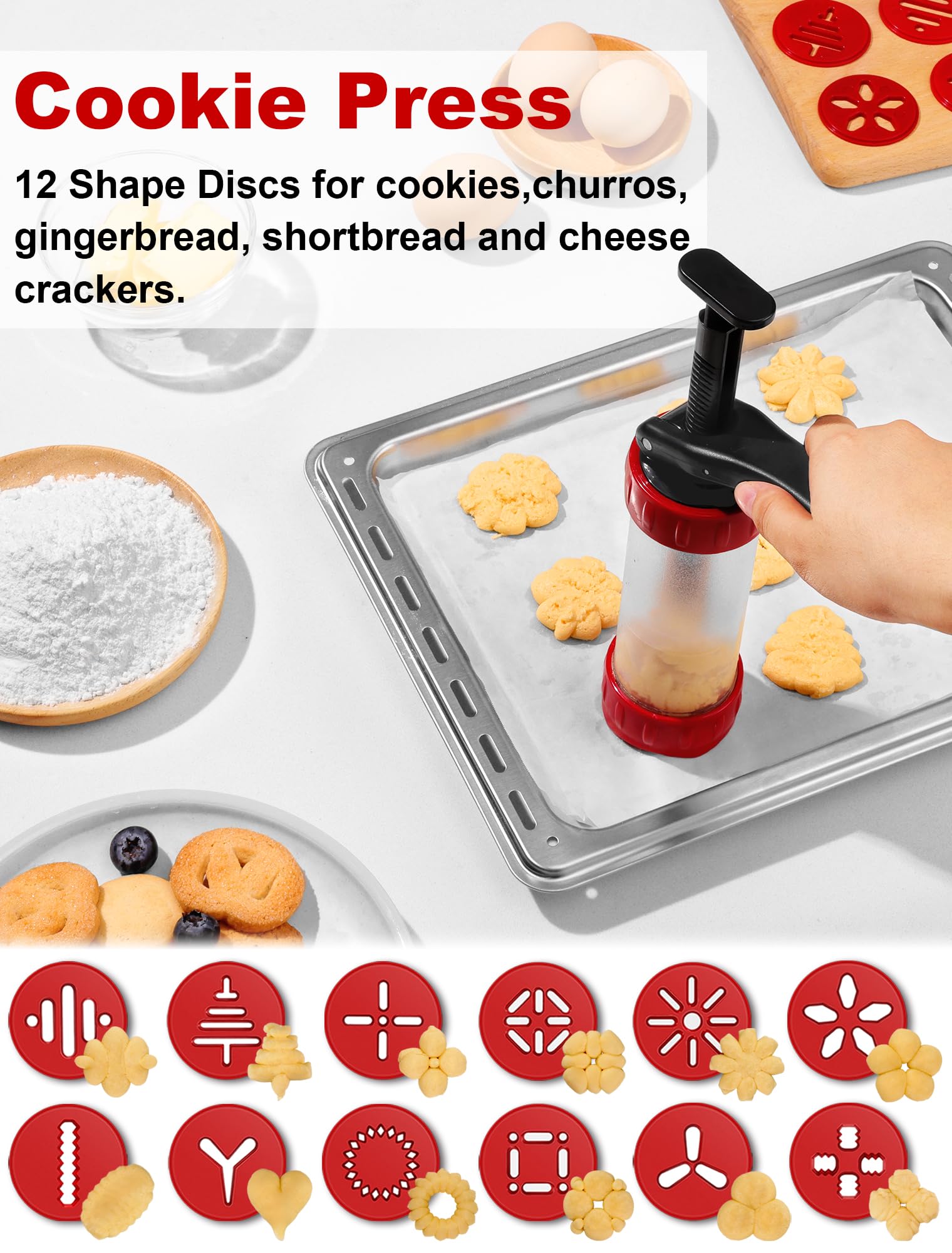 Premium Cookie Press Set with 12 Discs & 10 Cake Decorating Tips - Stainless Steel Churro & Biscuit Maker (Red) - Perfect for Holiday Baking, Party Treats & Home Dessert Decorating