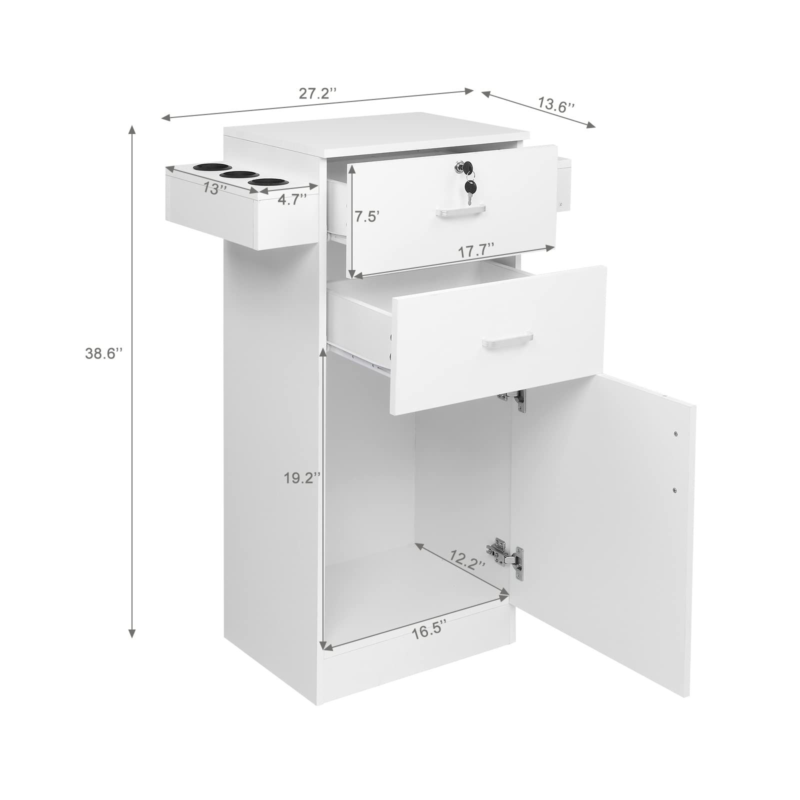 Professional Salon Storage Cabinet with 2 Drawers & 6 Hair Dryer Holders - White Beauty Salon Organizer Equipment for Styling Stations, Spa & Barber Shops - Perfect for Hair Stylists, Cosmetologists & Salon Storage Solutions