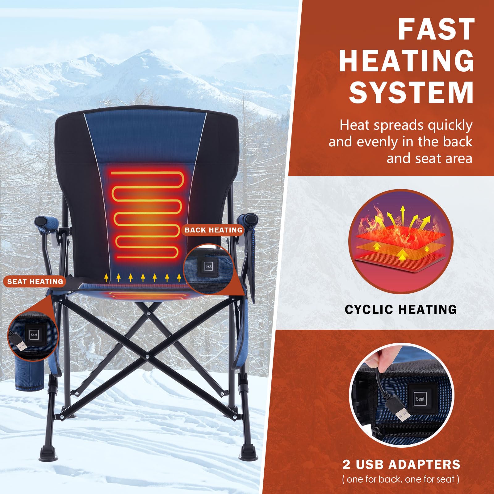 **Portable Heated Camping Chair - 400lb Heavy Duty Folding Outdoor Seat with Cup Holder & Carry Bag - Perfect for Winter Camping, Hunting, Fishing & Backyard Relaxation (Navy, Battery Pack Required)**
