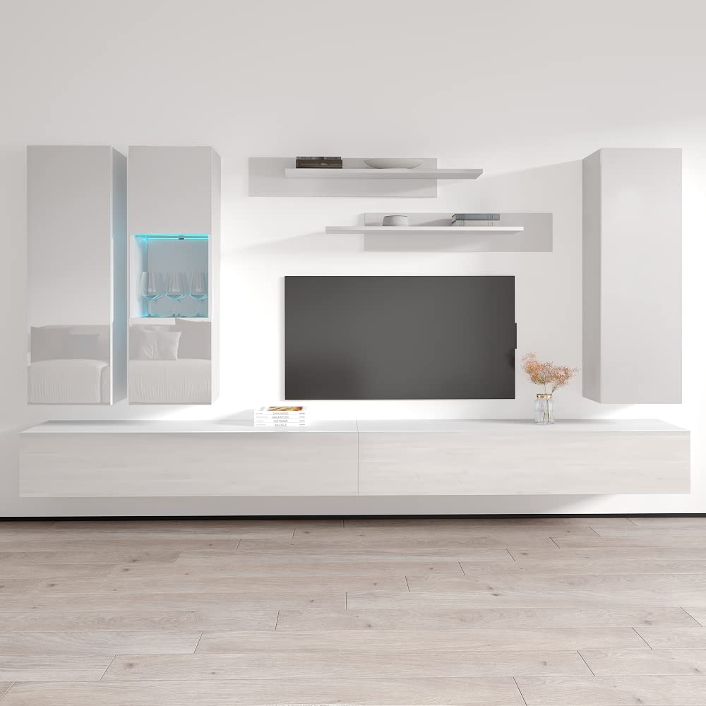 Modern Floating TV Stand with Storage & LED Lights - Wall-Mounted Entertainment Center Console for Bedroom & Living Room - White Meble Furniture Fly EF5 30