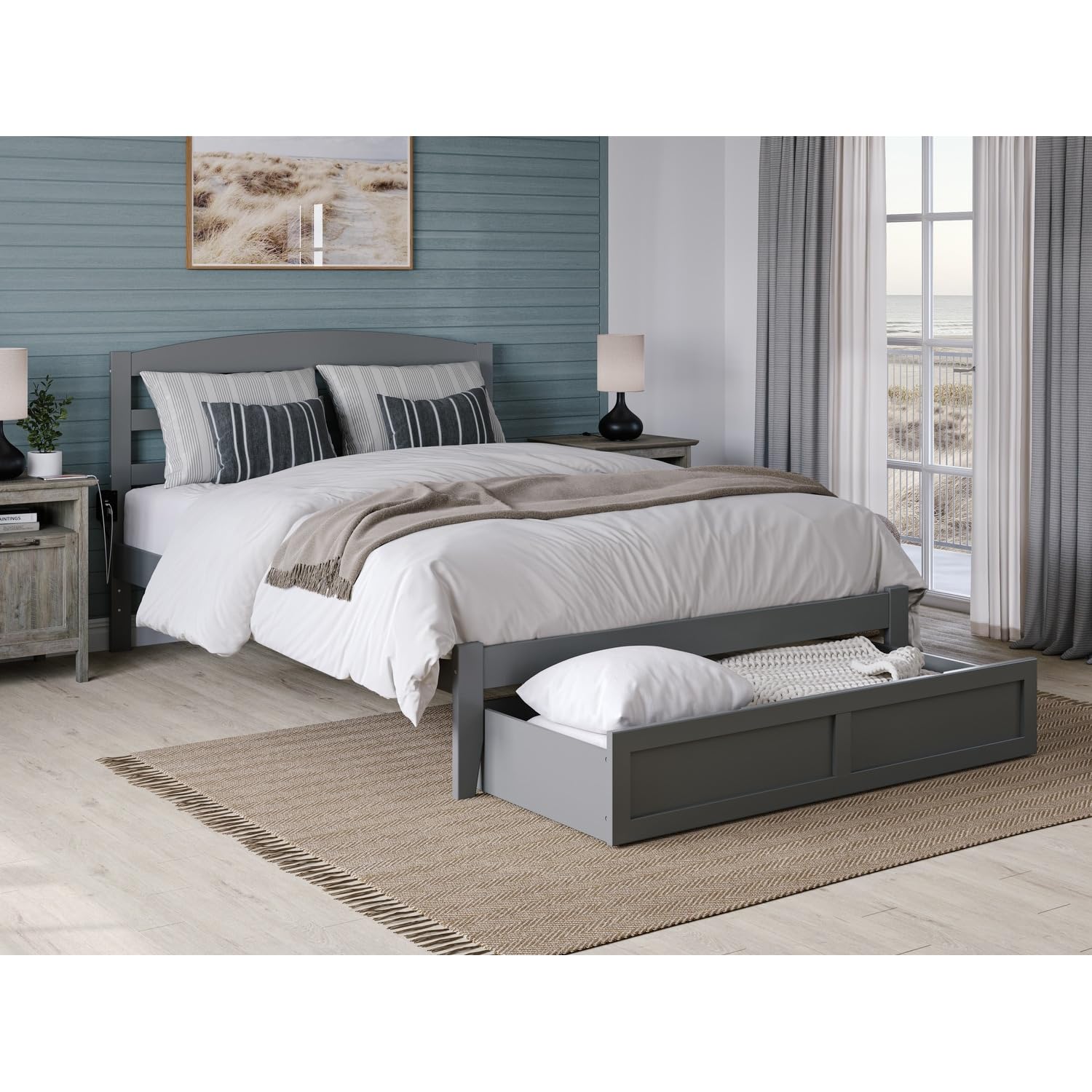 AFI Warren Full Size Platform Bed Frame with Storage Drawer & USB Charging Station - Grey Modern Bedroom Furniture for Small Spaces & Guest Rooms