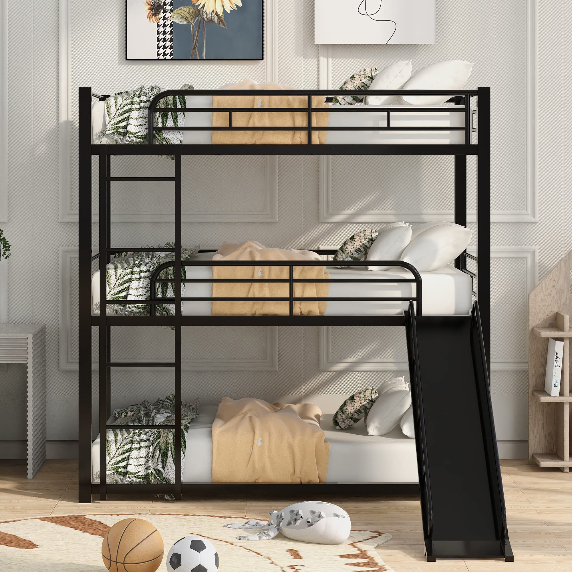 Merax Black Metal Triple Bunk Bed - Twin Over Twin Over Twin with Slide & Ladder, No Box Spring Required | Space-Saving Kids Bedroom Furniture for Shared Rooms, Sleepovers & Small Spaces