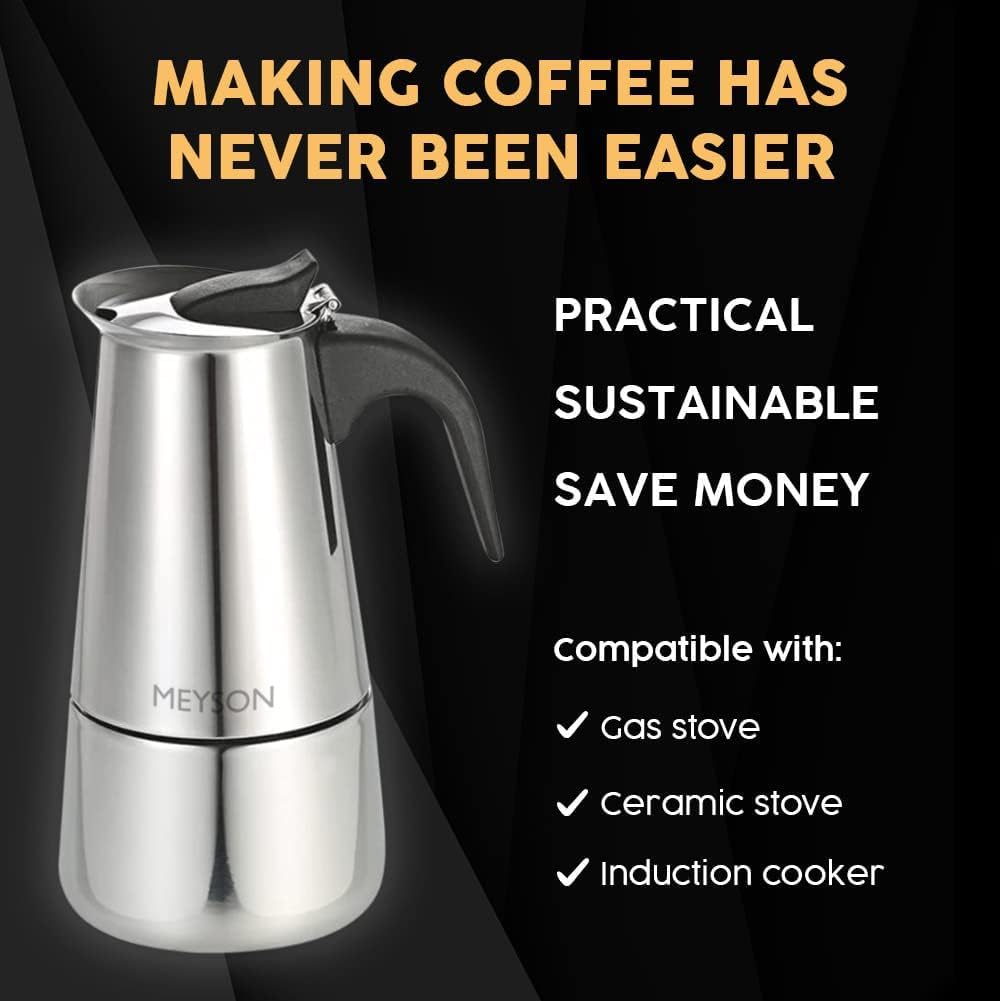 Stainless Steel Italian Moka Pot - 6 Cup (300ml) Espresso Coffee Maker for Induction, Gas & Ceramic Stoves - Perfect for Home, Office & Camping Use - Durable & Easy to Clean Moka Coffee Machine