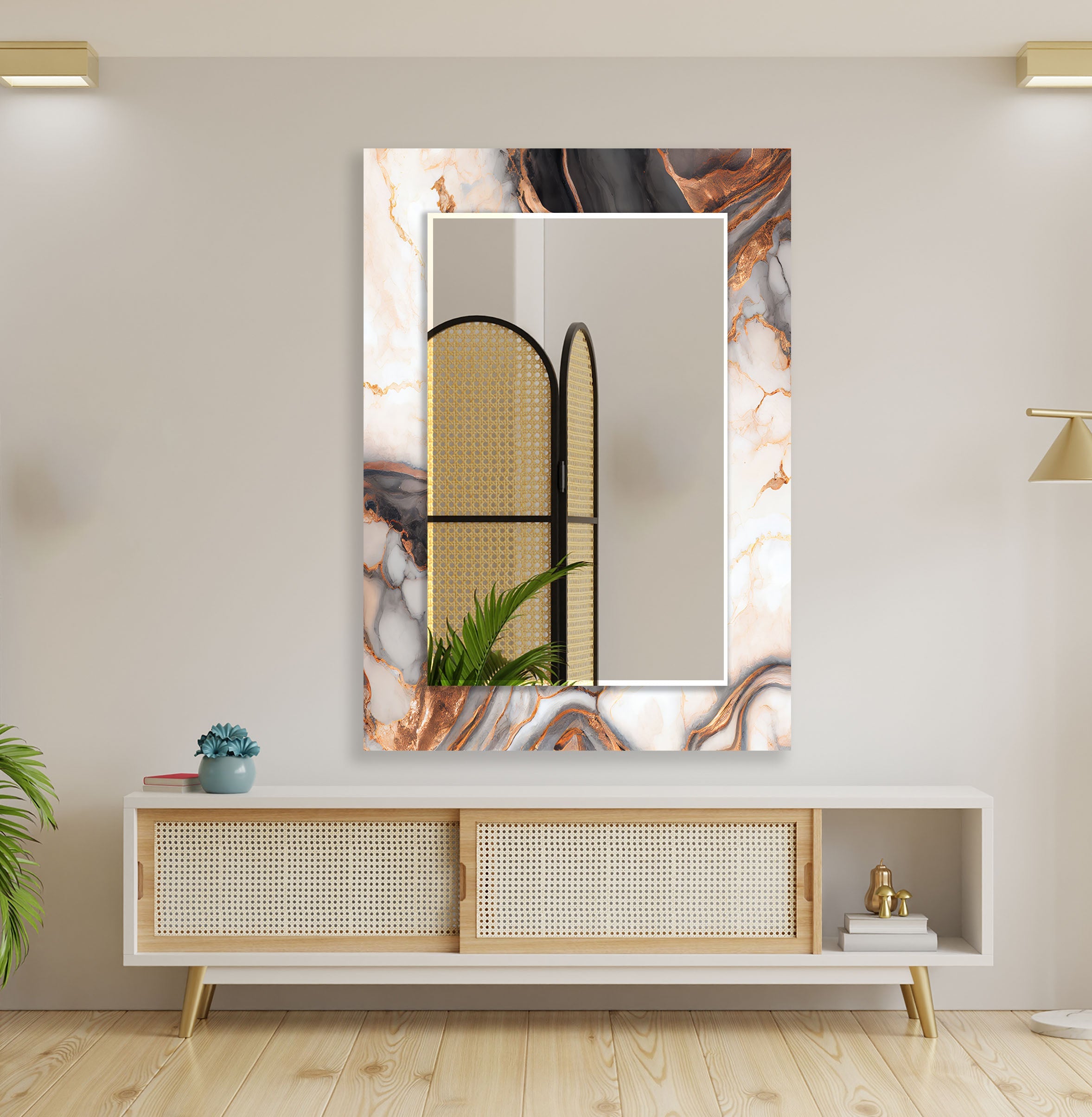 Stylish Black & White Brown Details Wall Mirror - Elegant Home Decor for Living Room, Bedroom, or Entryway