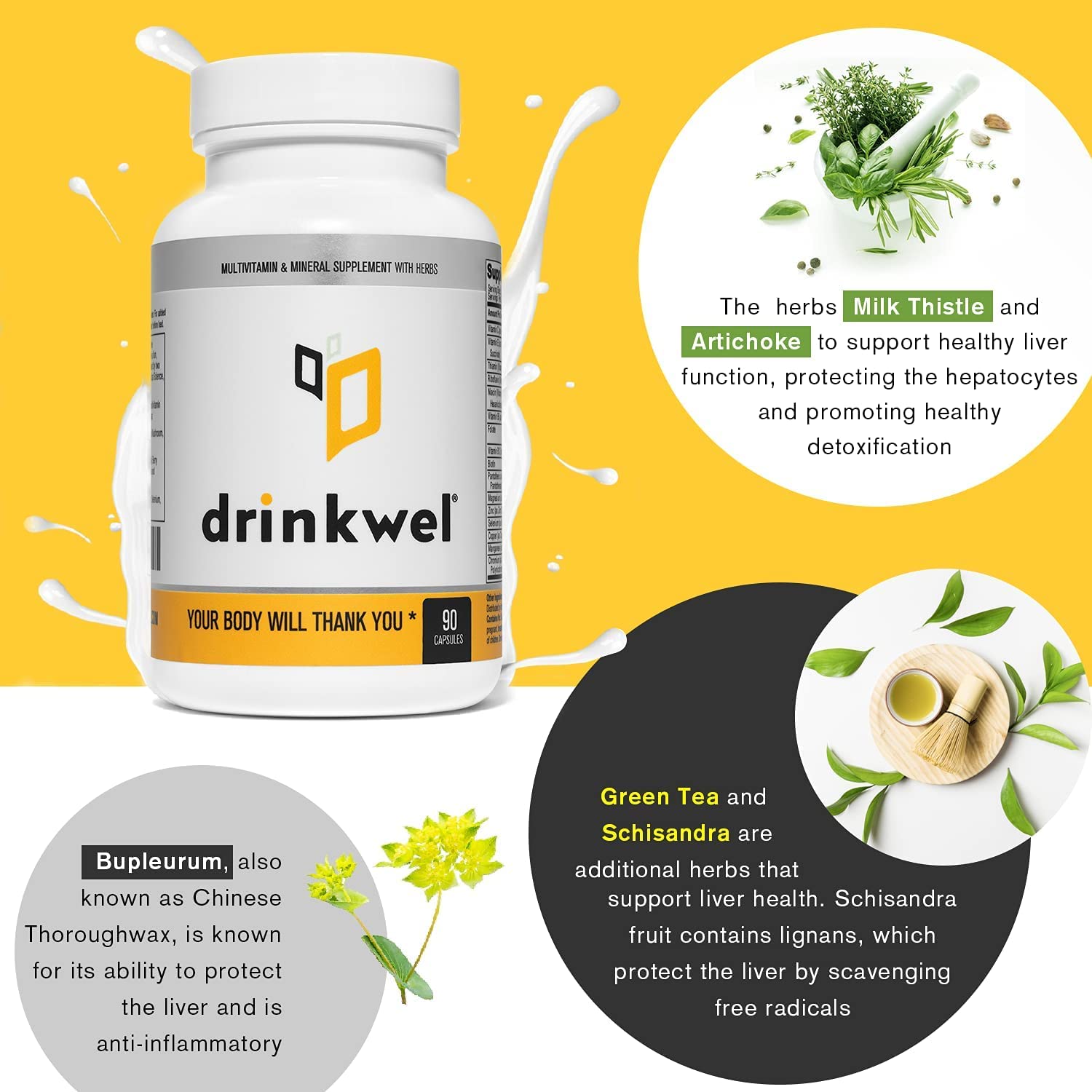 Drinkwel Premium Multivitamin Supplement - Pack of 3 x 90 Capsules for Morning Recovery & Immune Support | Liver Cleanse & Detox with Milk Thistle, Vitamin C, Zinc, Magnesium | Daily Wellness & Hangover Relief for Active Adults