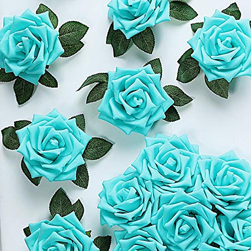 24 Pack 5-Inch Turquoise Foam Rose Stems - Artificial Flowers for Wedding Decor, Birthday Party, DIY Crafts, Home & Event Decoration Supplies - BalsaCircle Brand