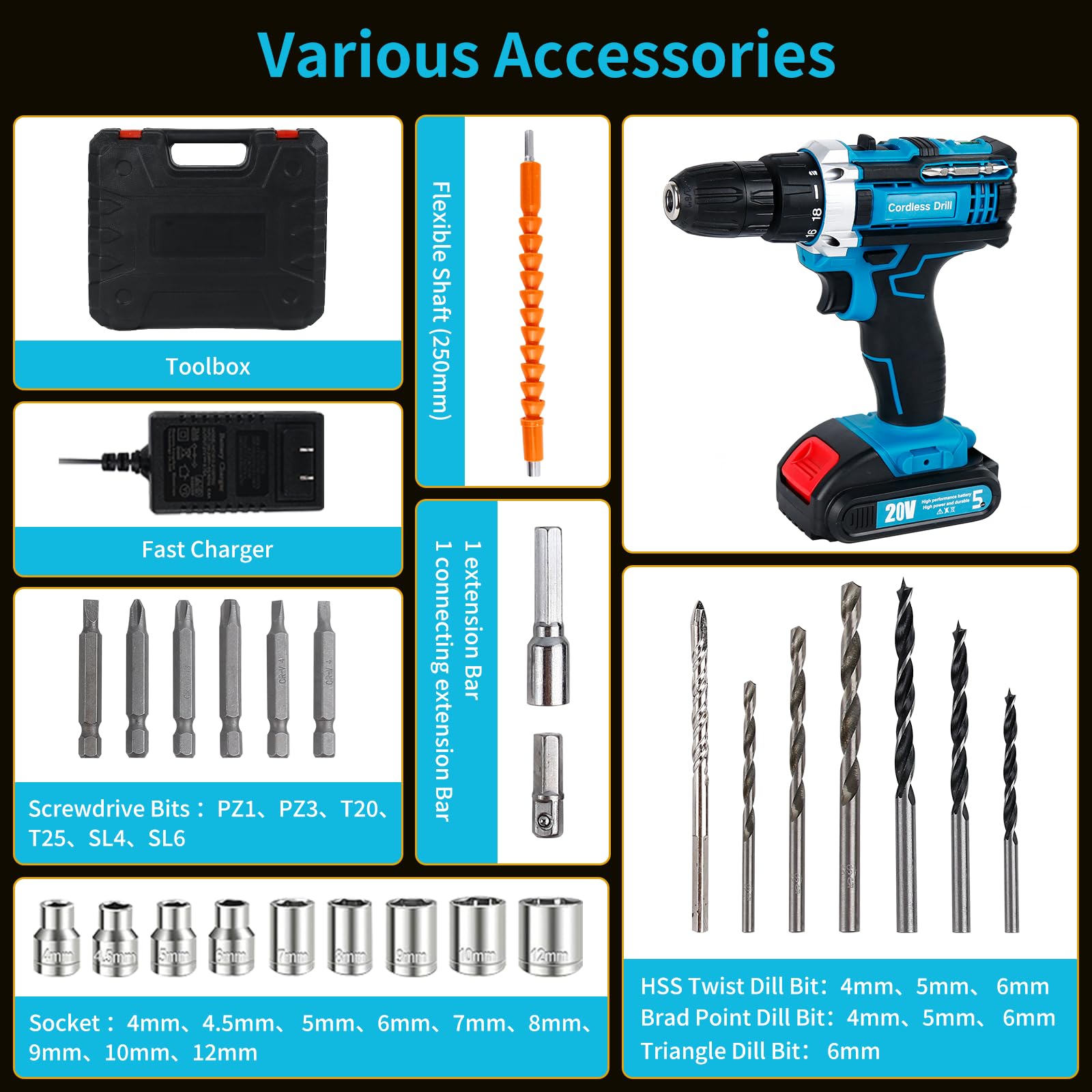 20V Cordless Drill with 2 Batteries & Charger - Electric Power Drill with LED Light & Variable Speed - Perfect for DIY Projects, Home Repairs, and Professional Construction Work