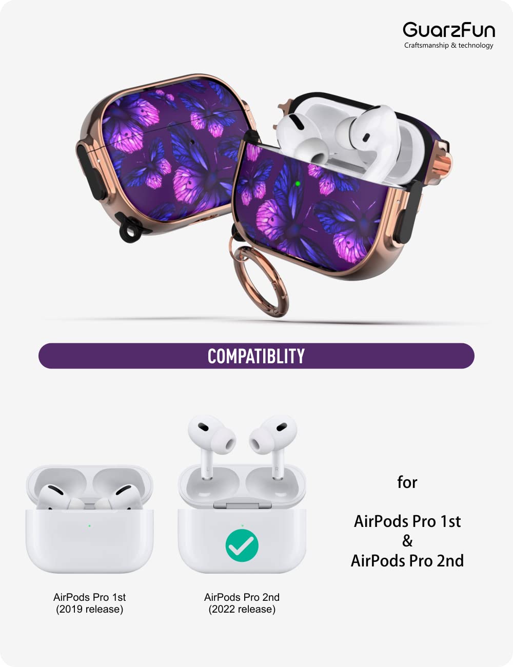 AirPods Pro 2 Case with Lock - Purple Butterfly for Women & Men | Travel Protection
