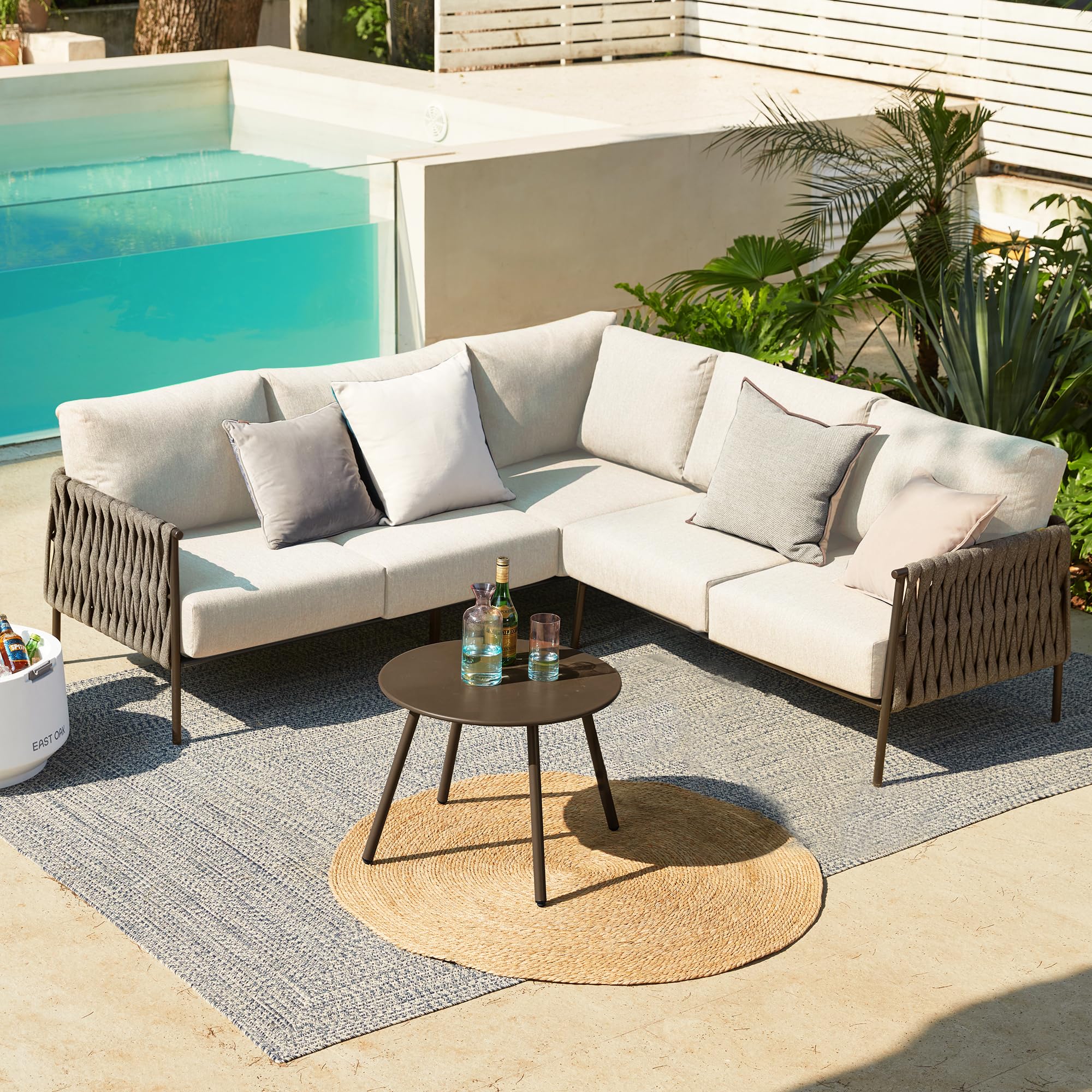 EAST OAK Outdoor Patio Furniture Set - 5-Piece Deep Seating Corner Sofa with Round Coffee Table, Thick Washable Cushions in Chestnut Brown & Creamy Apricot - Perfect for Garden, Poolside, and Backyard Relaxation