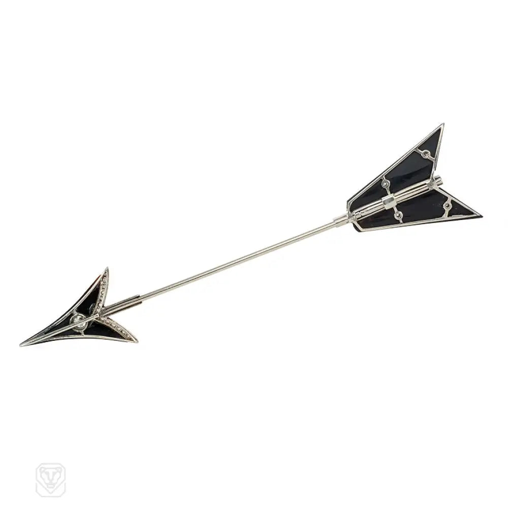 Vintage Art Deco Onyx Diamond Emerald Arrow Jabot Brooch - Elegant Antique Jewelry for Evening Gowns, Bridal Accessories & Special Occasions
