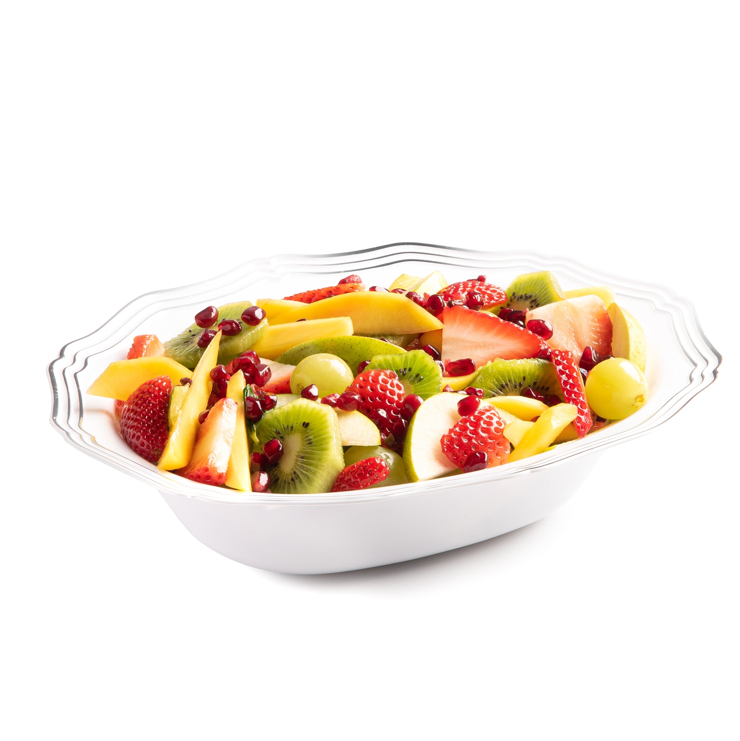 2-Pack White & Silver Oval Plastic Serving Bowls - Elegant Aristocrat Collection | Perfect for Party Snacks, Salad Bowls, and Home Decor Serving Dishes