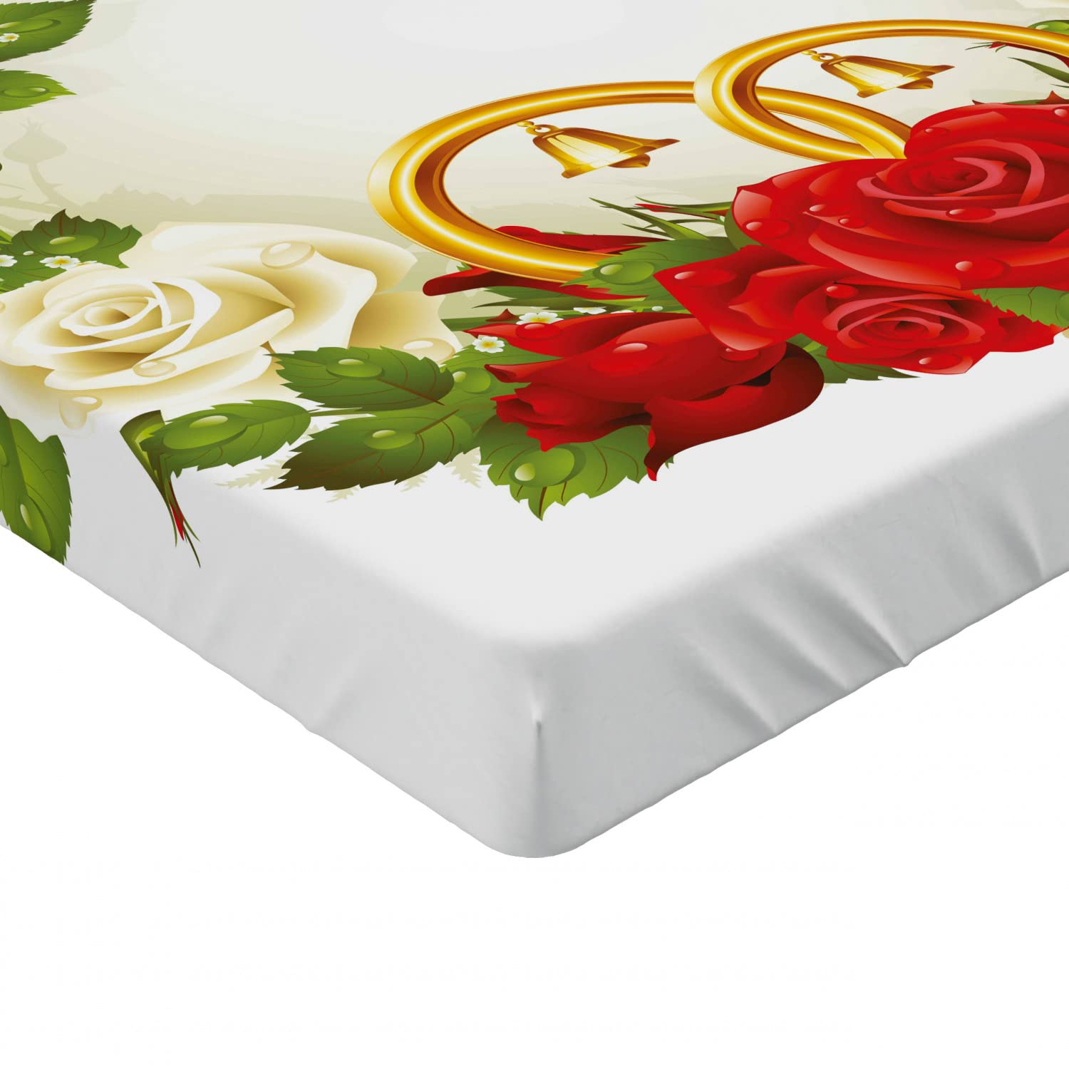 Ambesonne Wedding Fitted Sheet - White & Red Roses with Wedding Rings Design, Full Size Deep Pocket Bed Cover with All-Around Elastic for Comfort | Perfect for Romantic Weddings, Anniversaries & Honeymoon Bedroom Decor