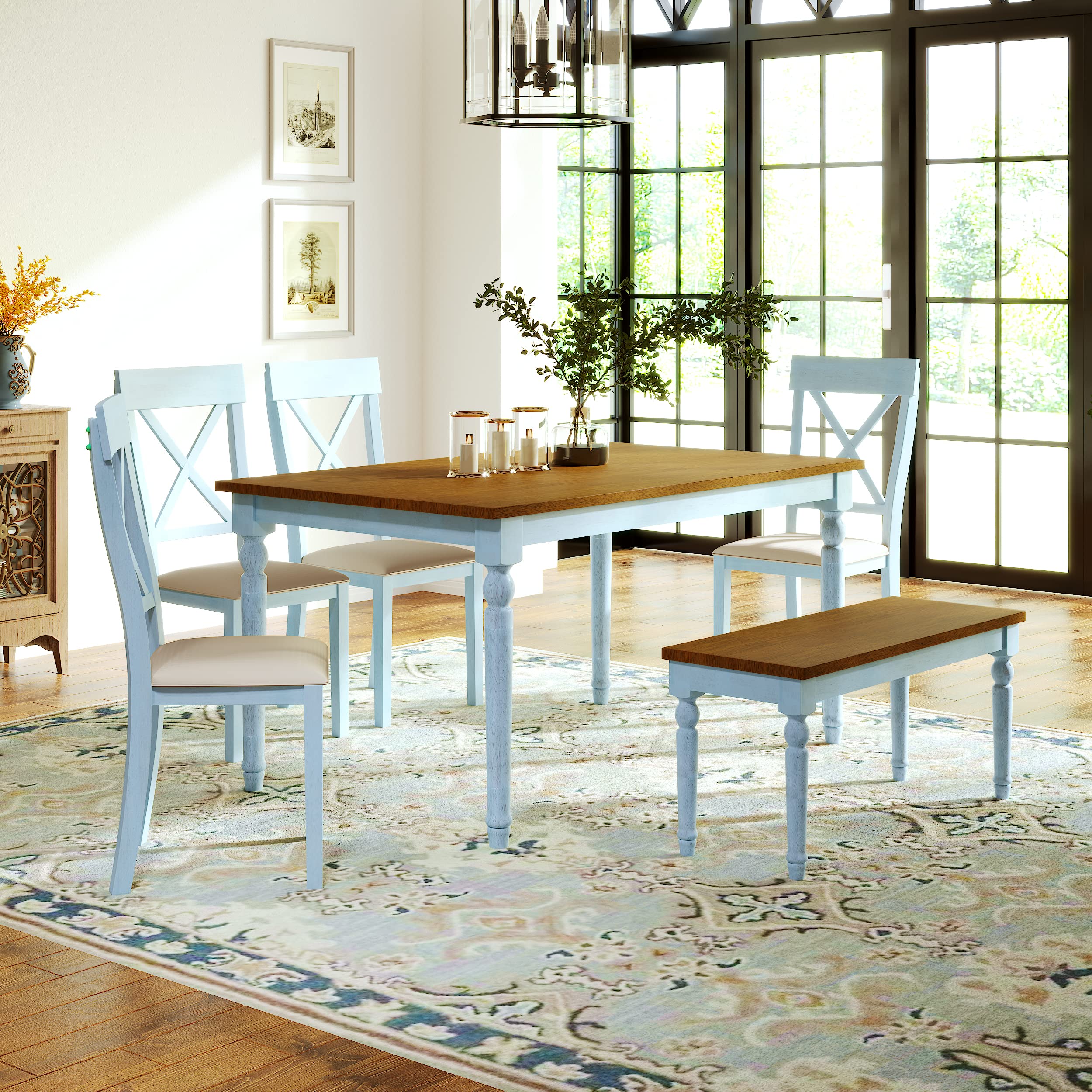 Farmhouse Style 6-Piece Wood Dining Table Set for 6 - Rectangular Table, 4 Upholstered Chairs & Bench | Rustic Kitchen Furniture for Family Gatherings & Dinner Parties