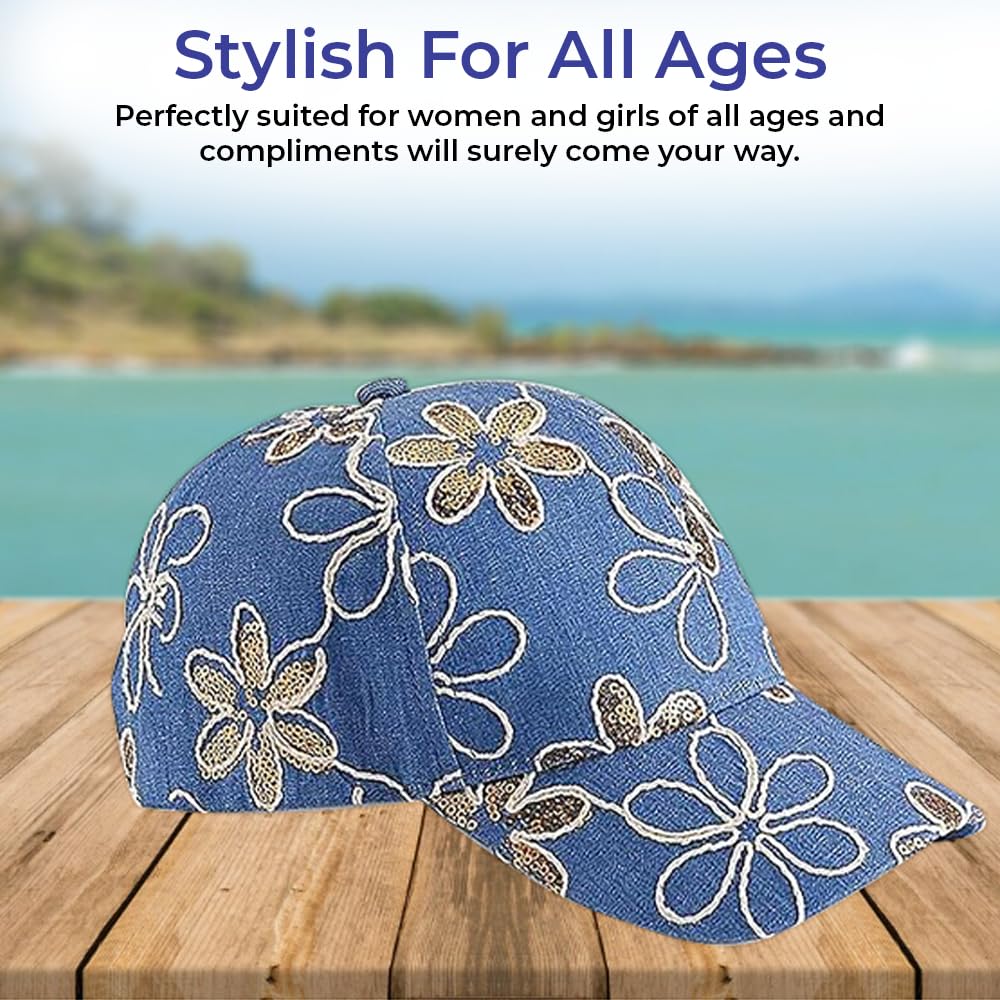 Embroidered Flowers Baseball Cap for Women - Adjustable Denim Hat with Gold Sequin Accents | 100% Cotton Fashion Sun Hat | Perfect for Outdoor Activities, Beach, and Casual Wear