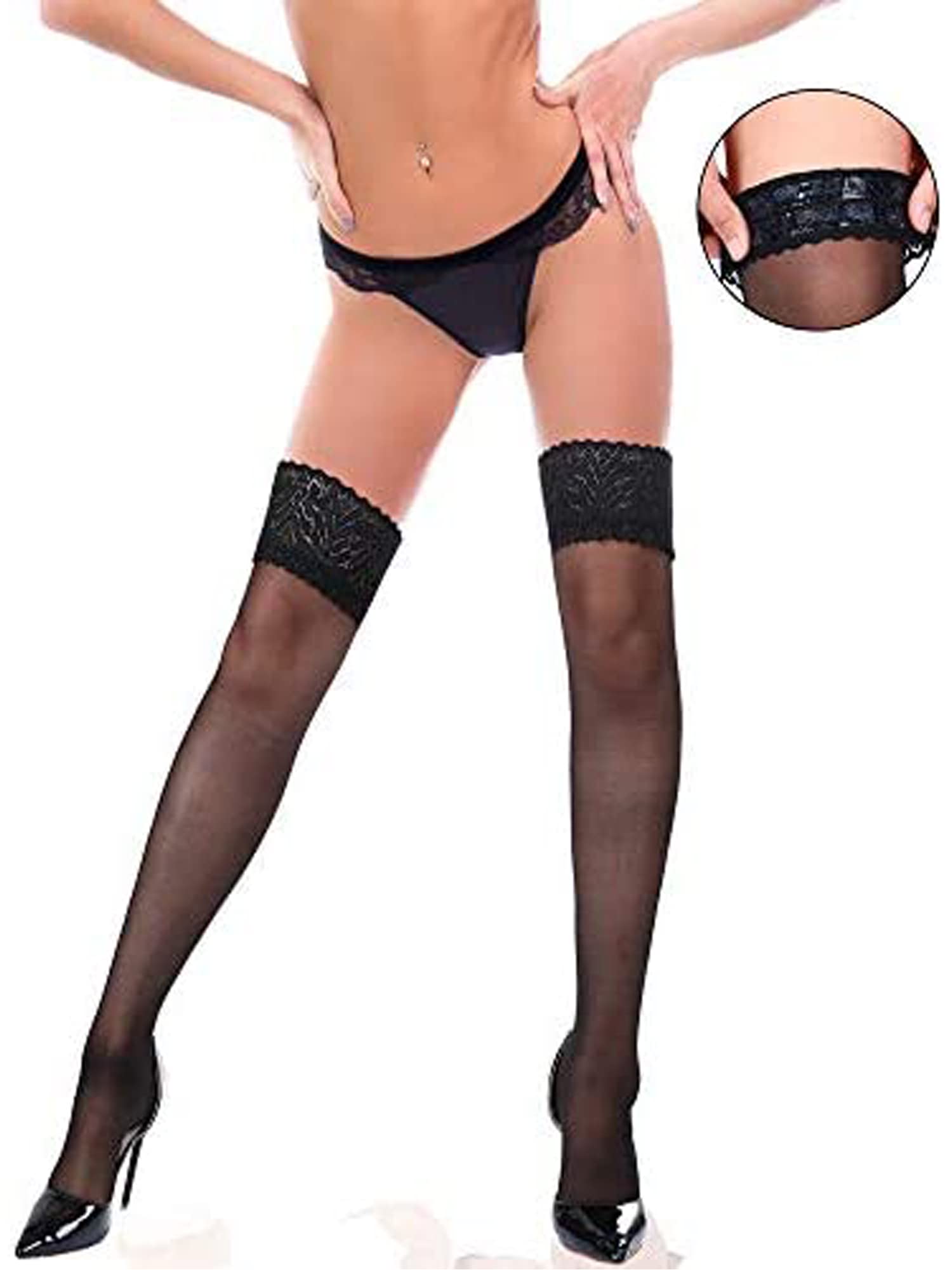 Boao 4 Pairs Women's Thigh High Stockings - Silicone Lace Top, Silky Semi-Sheer Tights - Perfect for Party, Cosplay, Date Night & Everyday Wear