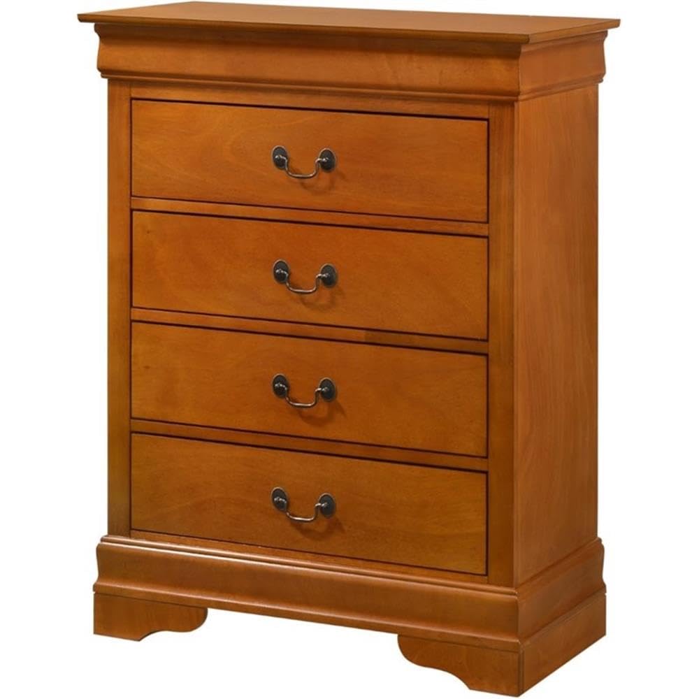 Glory Furniture Louis Phillipe Wood Veneer 4-Drawer Chest in Oak - Elegant Bedroom Storage Solution for Home Organization