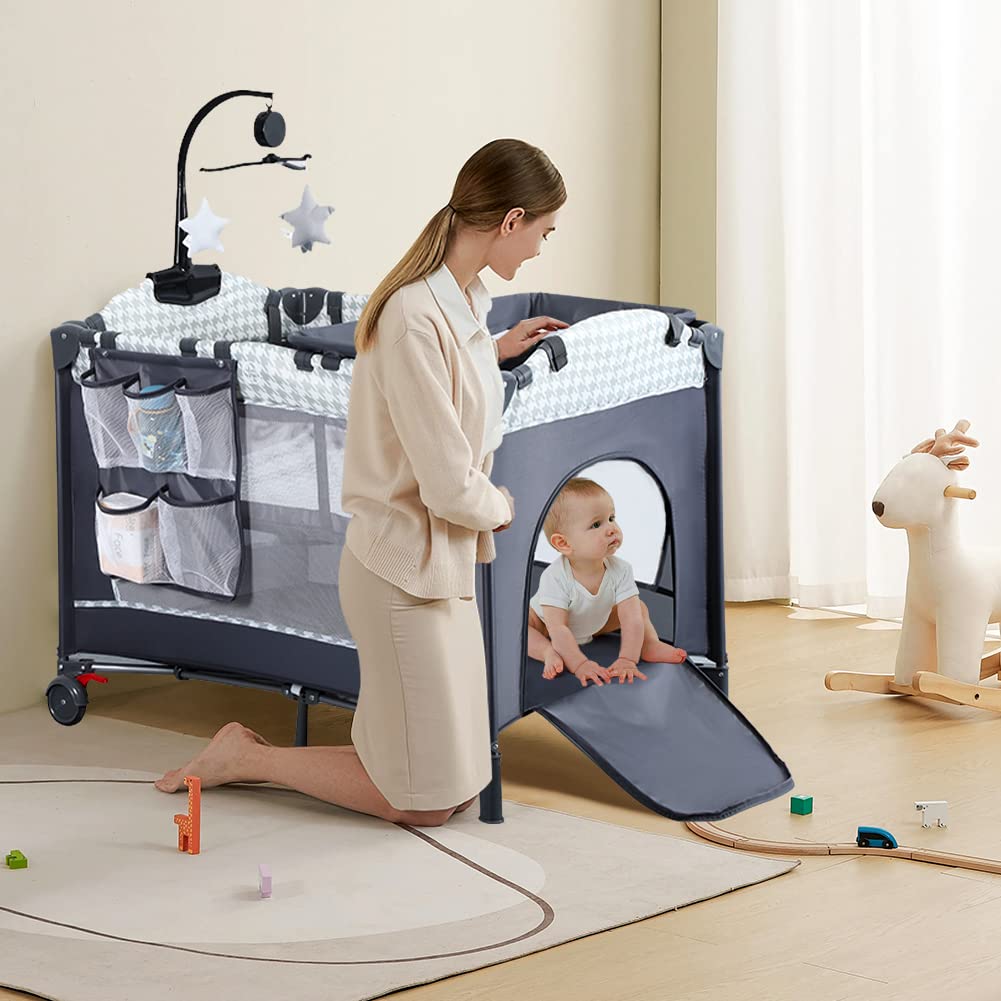 SIMPLGIRL 4-in-1 Baby Bassinet Bedside Sleeper with Mattress, Toys & Music Box - Foldable Playard for Newborns - Perfect for Nursery, Bedroom & Travel